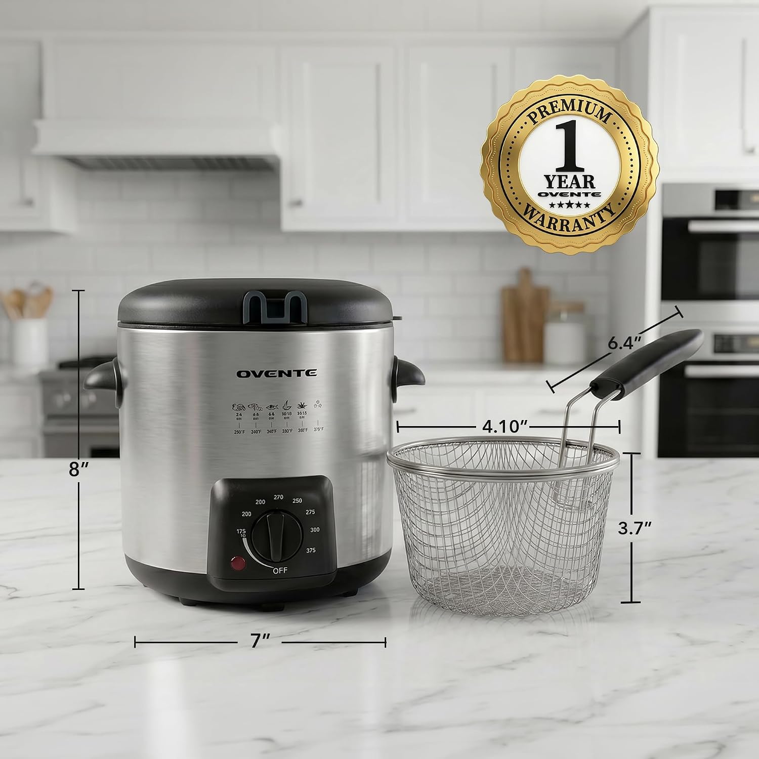 OVENTE Electric Deep Fryer, 0.9L Capacity, 840W, Silver FDM1091BR | Adjustable Temperature Knob, Locking Lid, Removable Frying Basket and Cool Touch Handle, Easy to Clean Stainless Steel Body