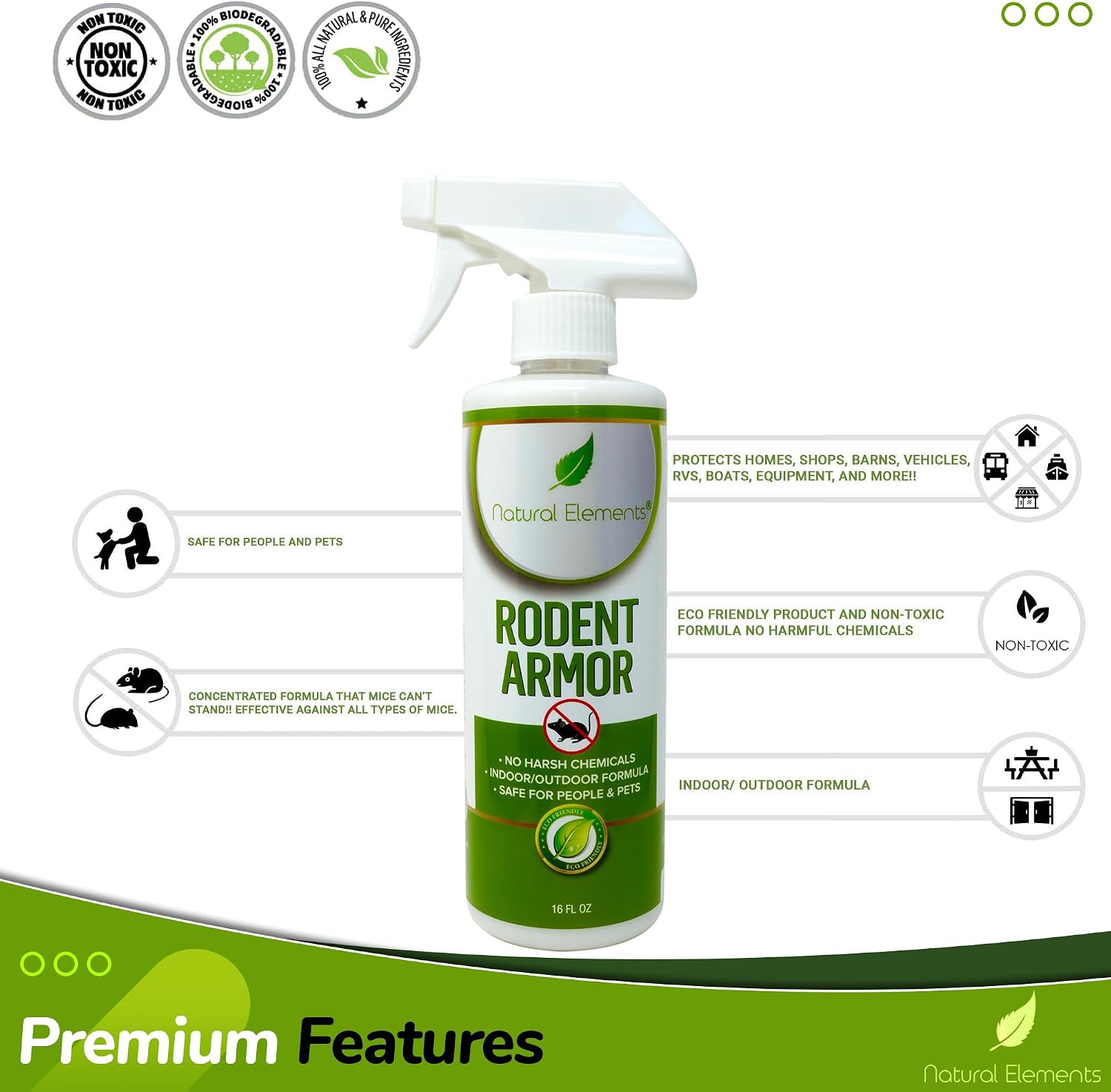 Natural Elements Rodent Armor – Peppermint Oil Rodent Repellent Spray for Vehicles, RVs, Boats & Equipment – 16 oz