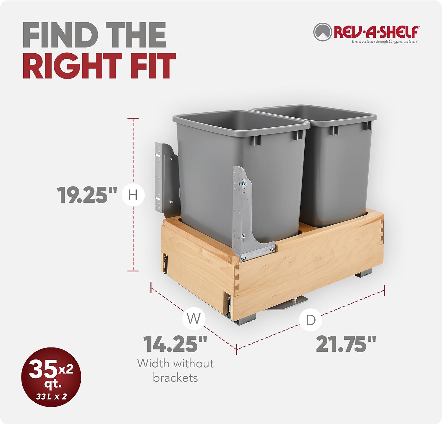 Rev-A-Shelf 35 Qt Bottom Mount Single Pullout Under Cabinet Kitchen Trash Cans for Base Cabinets, 150 Pound Rated Full-Extension Slides, Min Opening Width of 11.5", Silver, 4WCBM-15DM-1