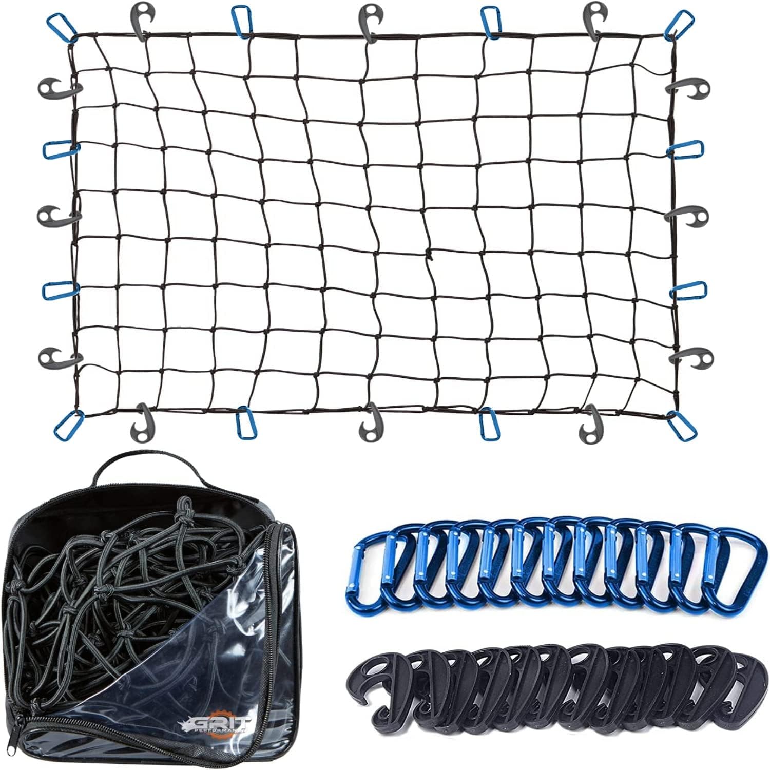 Cargo Net for Roof Rack - 22 x 38 Inch, Heavy-Duty, Mesh Square Bungee Netting with 12 Black Clips and Storage Bag - Holds Small and Large Loads