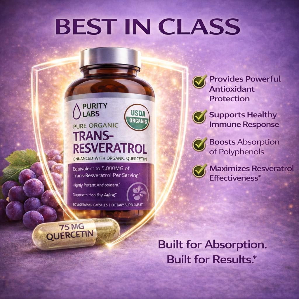 Purity Labs Trans-Resveratrol Supplement 5, 000 mg Equivalent per Serving with Quercetin, USDA Organic High Potency Antioxidant, Vegan Capsules