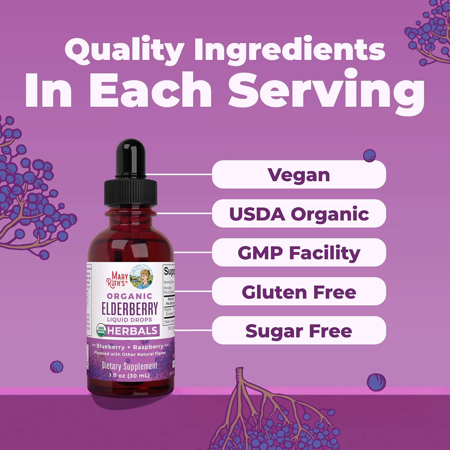 MARYRUTH'S Elderberry Liquid Drops for Adults & Kids, 1 oz, Immune Support | Immune Support, 150mg Elderberry Extract, USDA Organic, Sugar Free, Vegan