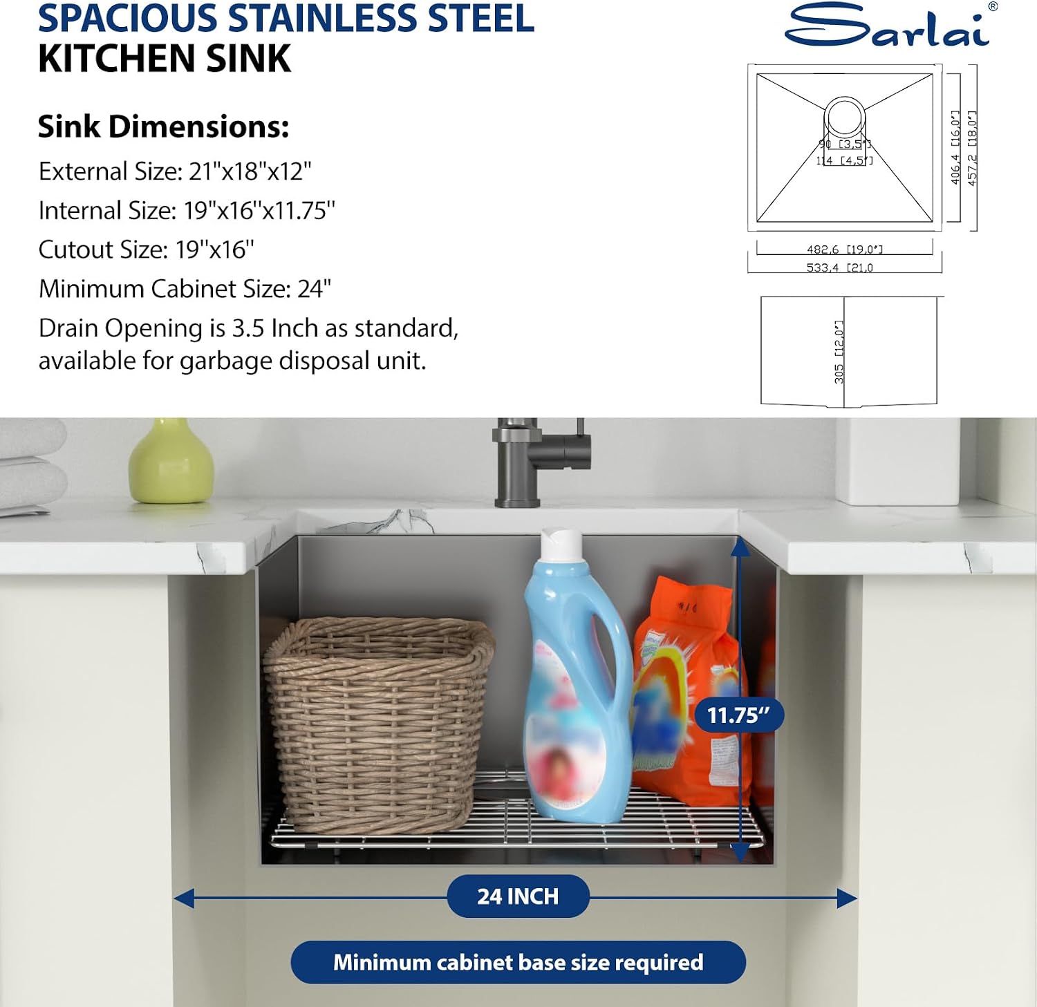 Sarlai 21 Inch Undermount Laundry Sink 21x18x12 Inch Undermount Laundry Utility Sink Deep Single Bowl 16 Gauge Stainless Steel Laundry Tub Sinks