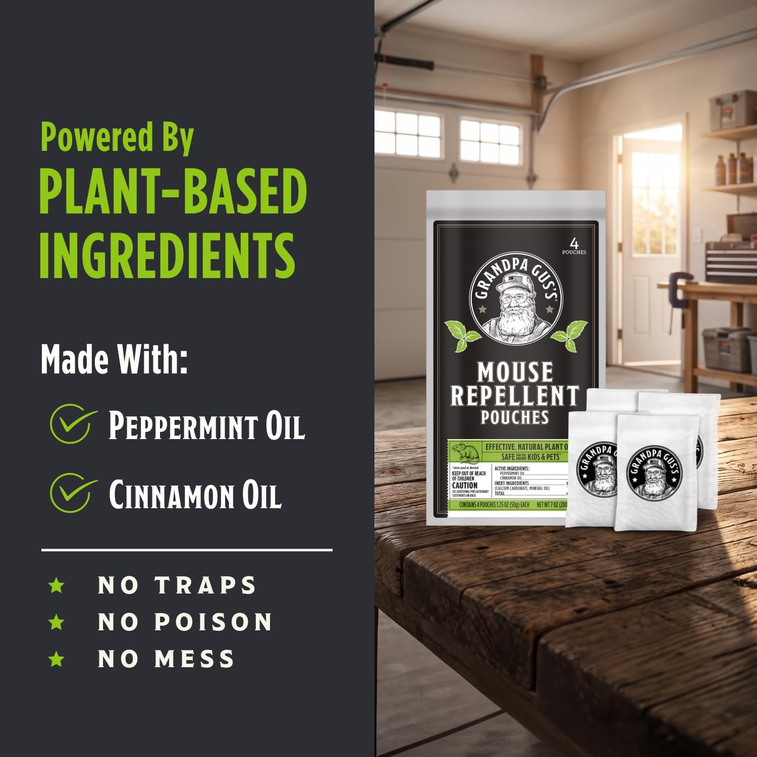 Grandpa Gus's Mouse Repellent Pouches, Natural Peppermint Oil, 4 Pouches | Cinnamon & Peppermint Oil Helps Repel Mice from Nesting in Home/Cabin/Boat/Car Storage/RV/Machinery/Shed, Kid & Pet Safe