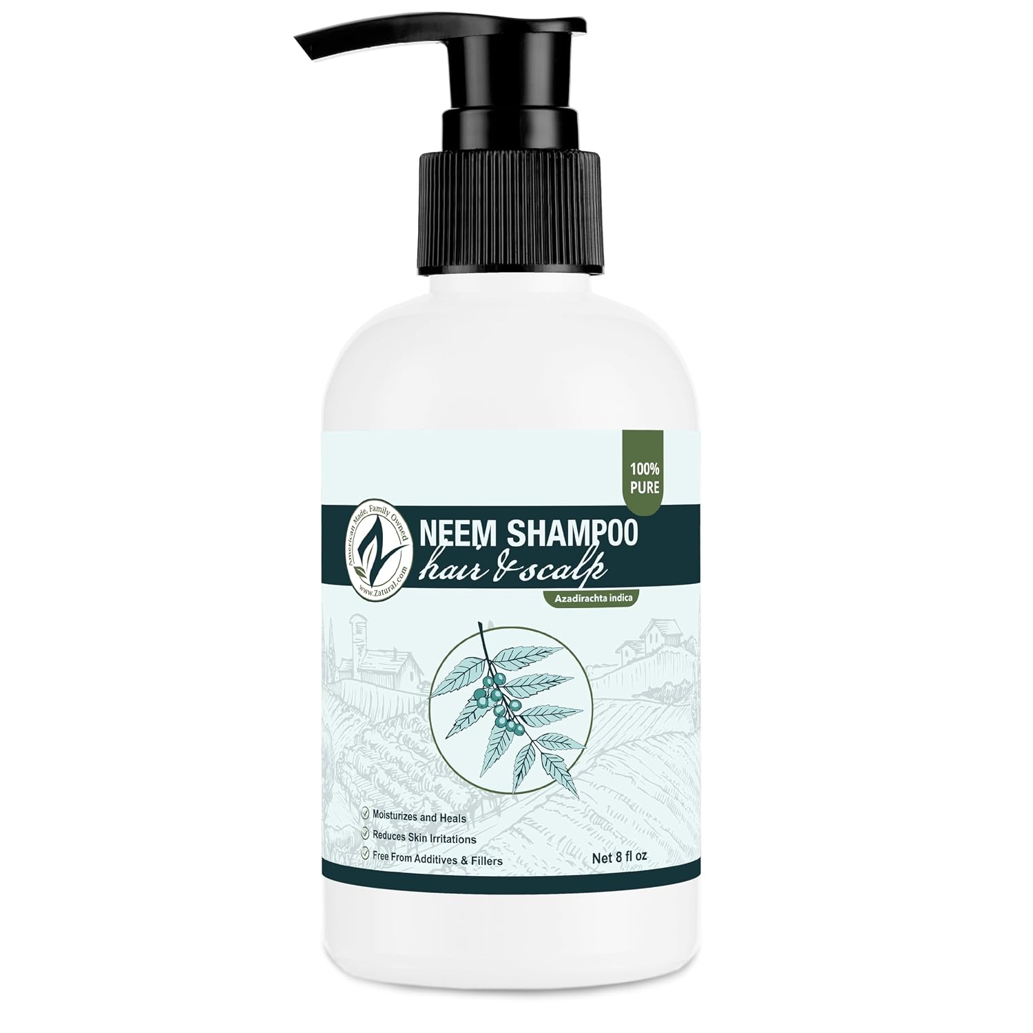 Zatural Neem Shampoo | Gentle Scalp & Hair Cleanser with Botanical Extracts | Moisturizing Wash for Softness, Volume, and Shine (8 Fl Oz)