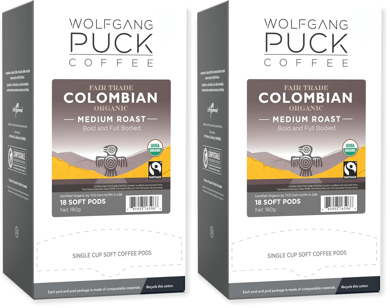 Wolfgang Puck Coffee, Organic Colombian Fair Trade, 9.5 Gram Soft Pods, 18 Count (Pack of 1)