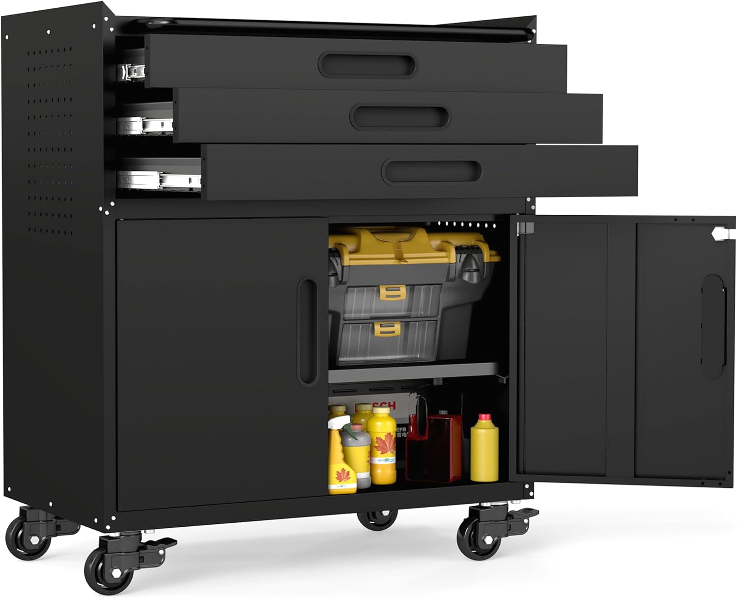 Garage Cabinets,Metal Garage Storage Cabinet with Wheels,Black Lockable Rolling Tool Cabinet with Drawer and Adjustable Shelves,Heavy Duty Tool Chest for Home Office Utility Room