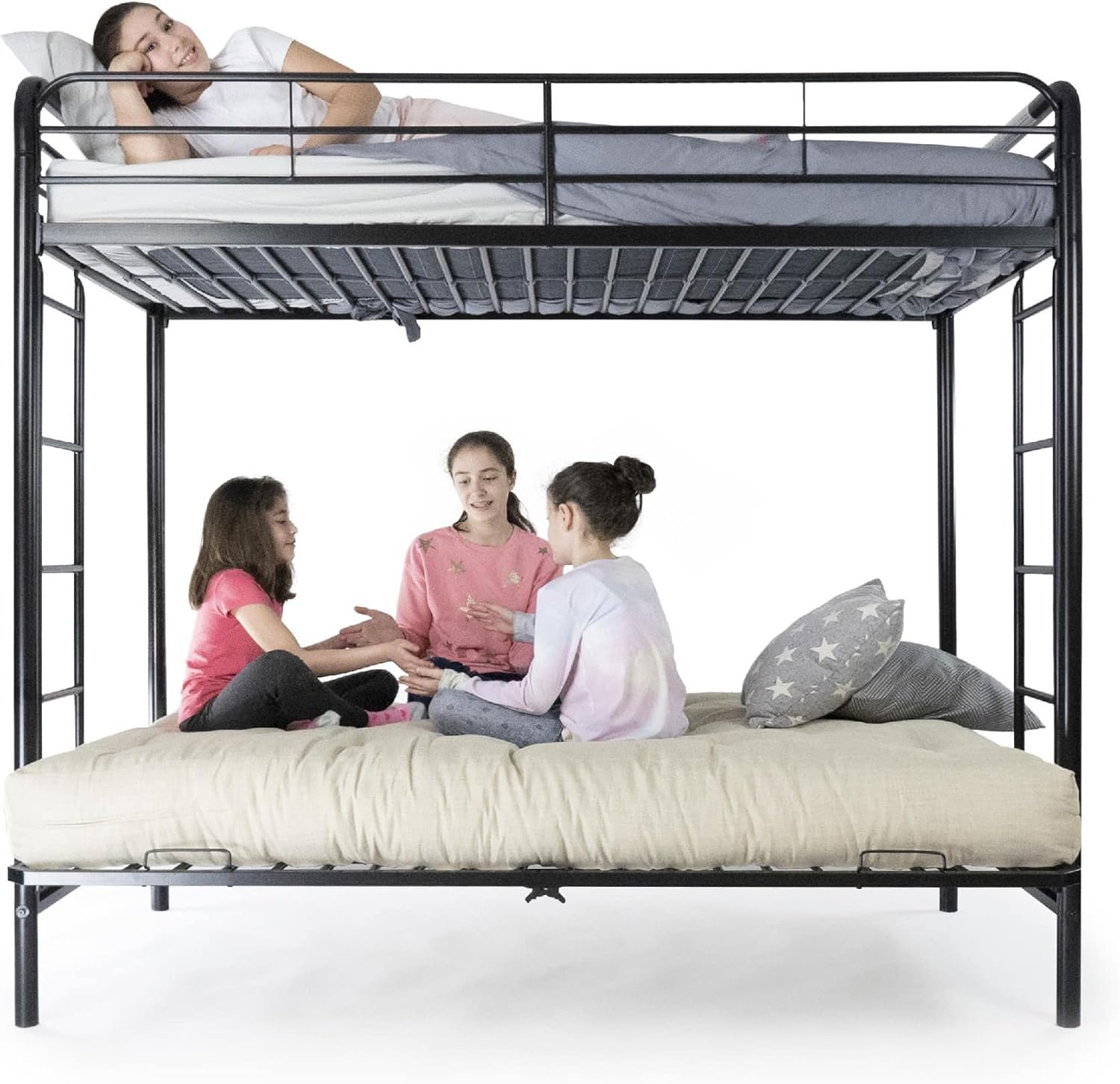 DHP Twin-Over-Futon Convertible Couch and Bed with Metal Frame, Ladder and Guardrails - Black