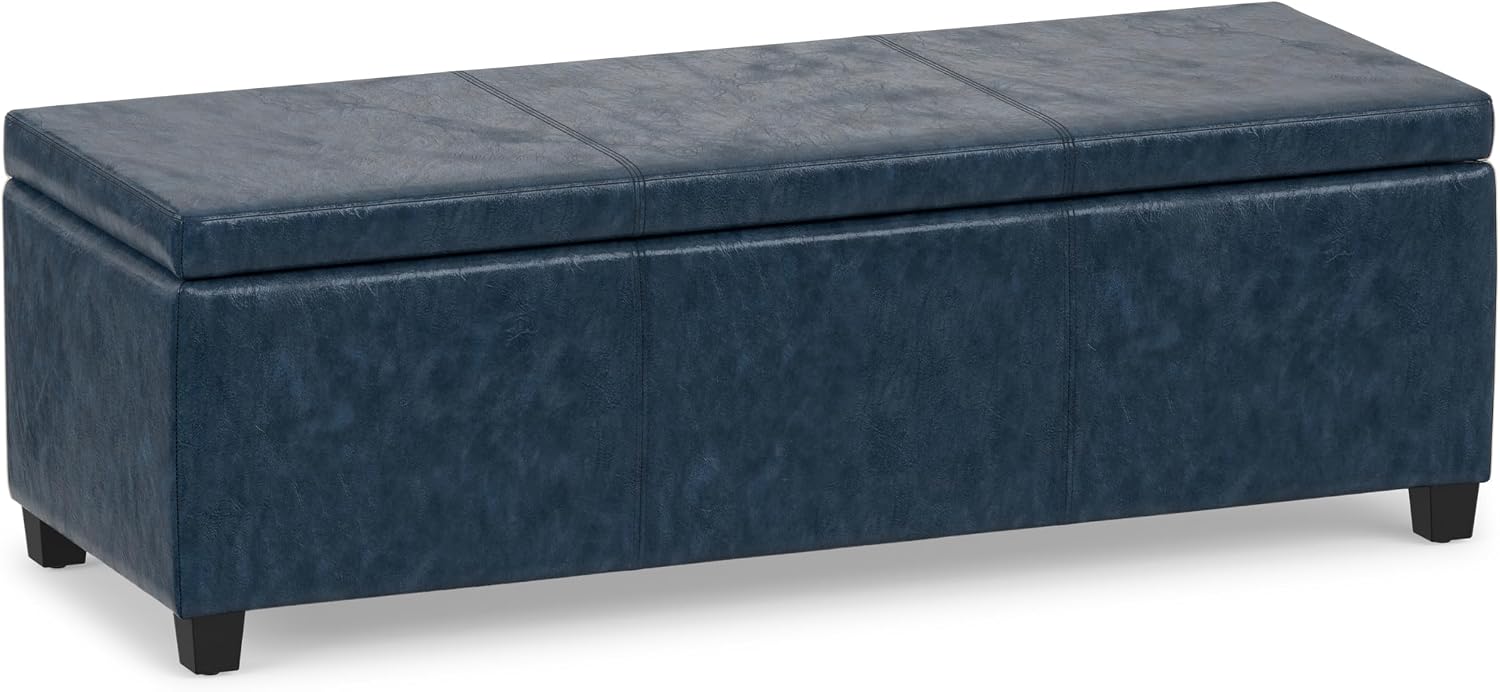 SIMPLIHOME Avalon 48" Wide Vegan Leather Storage Ottoman in Brown