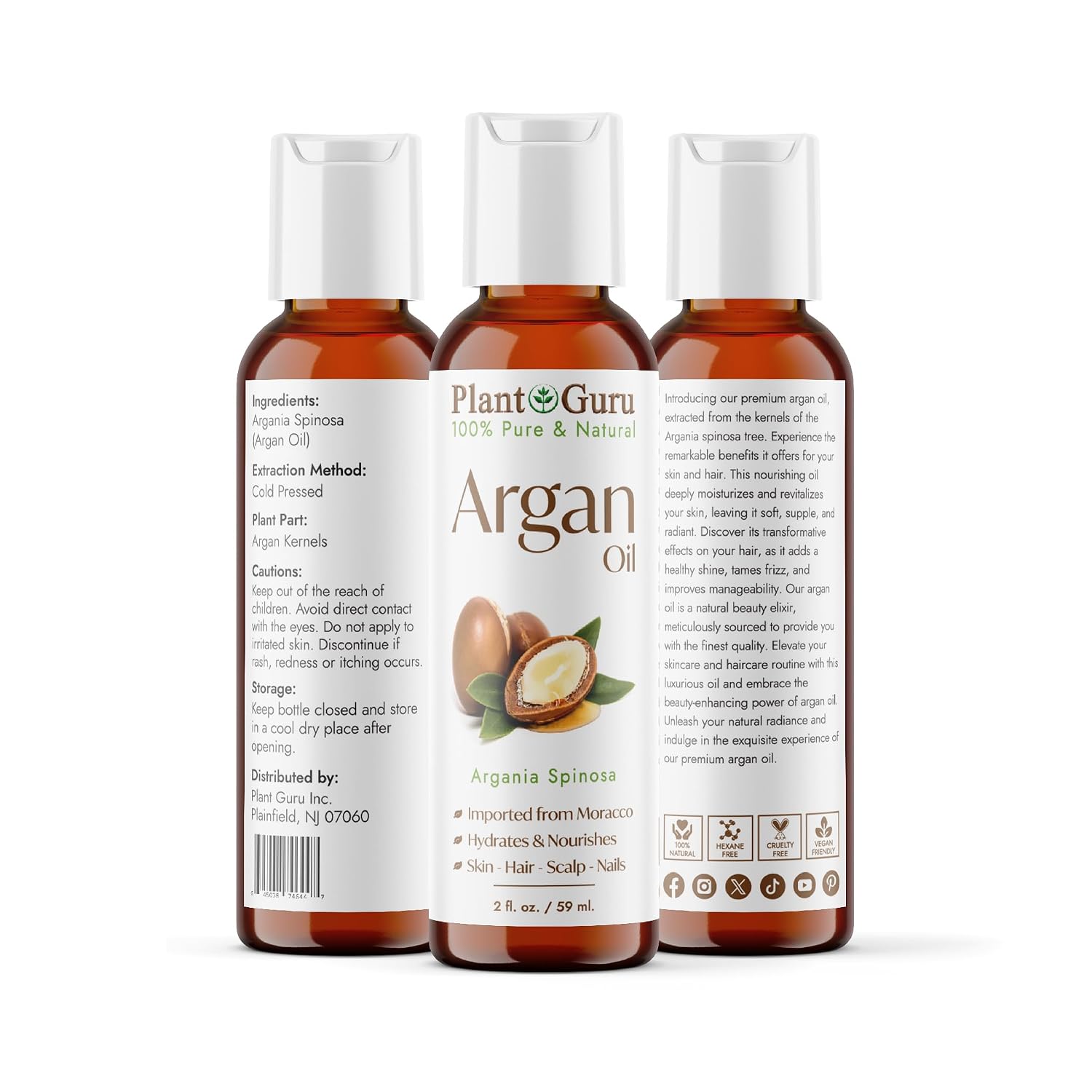 Plant Guru Argan Oil 2 fl. oz. Morocco Virgin, Cold Pressed 100% Pure Natural - Stimulates Hair Growth, Skin, Face And Body Moisturizer.