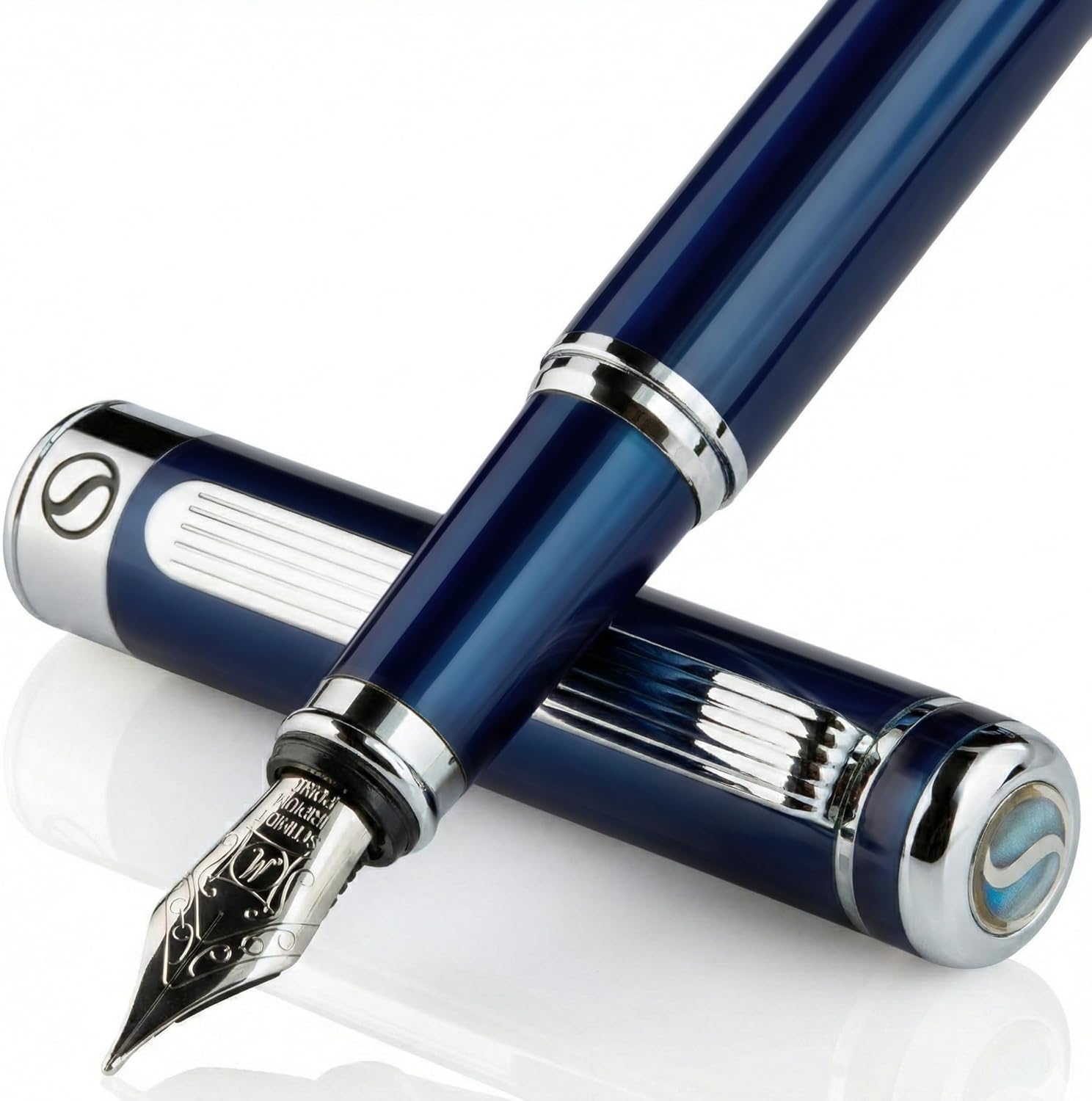 Scriveiner Silver Chrome Fountain Pen - Stunning Luxury Pen, Real Gold Finish Schmidt Gilded Nib (Medium), Best Pen Gift Set for Men & Women