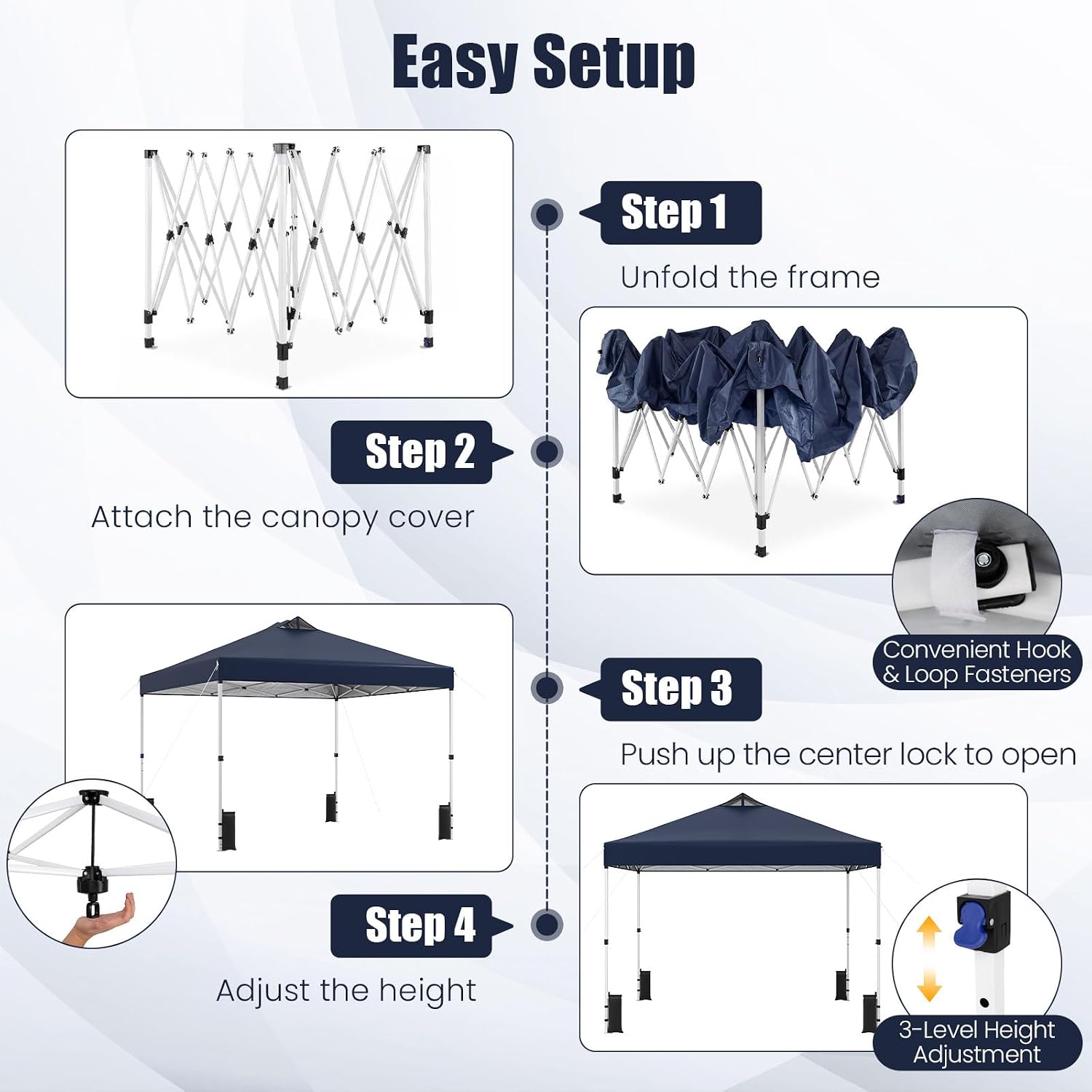 Tangkula 10 x10 Ft Pop Up Canopy with Center Lock, UPF 50+ One-Button Setup Outdoor Canopy Tent with Roller Bag, 4 Sand Bags, Heavy-Duty Steel Frame