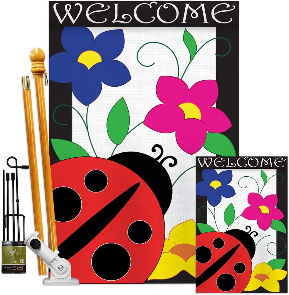 Two Group FK104059-P2 Spring Ladybug Garden Friends Bugs & Frogs Applique Decorative Vertical House 28" x 44" 13" 18.5" Double Sided Flags Kit