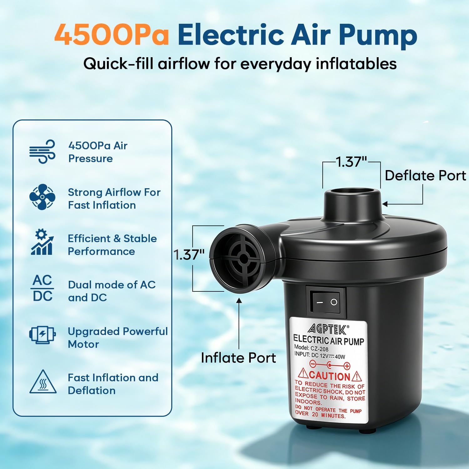AGPTEK Electric Air Pump for Inflatables, 110V AC &12V DC Inflator Deflator | 4.5kPa Quick-Fill, 3 Nozzles, Portable Air Pumps for Outdoor Camping