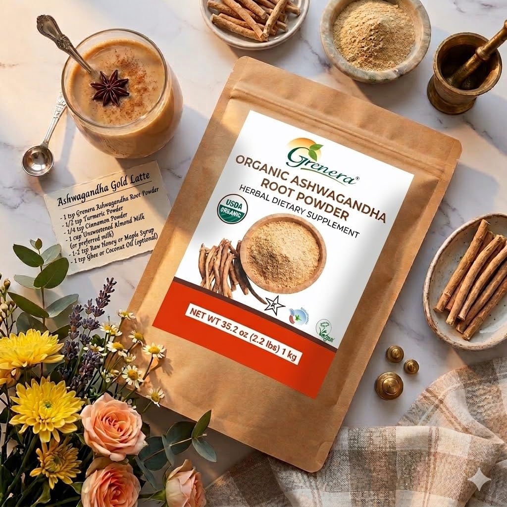 Grenera Organic Ashwagandha Root Powder | 2.2 lbs (1 kg) | USDA Organic, Vegan, Kosher Certified | Non-GMO, Gluten Free | Ashwagandha Powder for Smoothies, Drinks, Recipes | Lab Tested