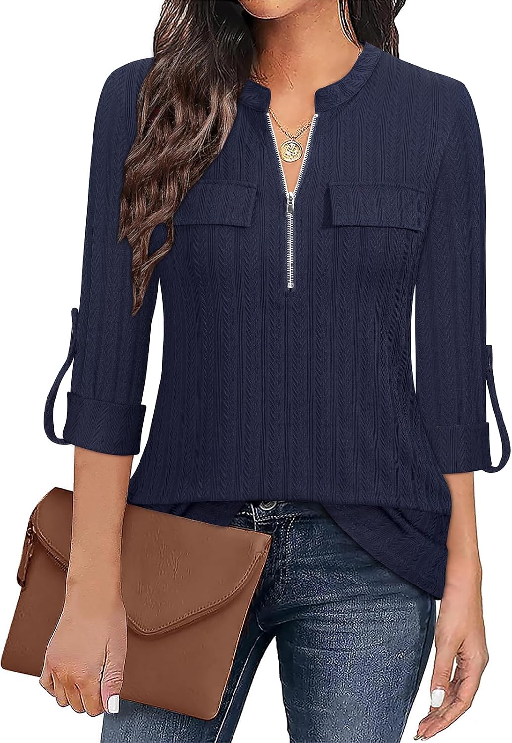 Tanst Sky Womens Casual Long Sleeve Zipped V Neck Plaid Tunic Blouses