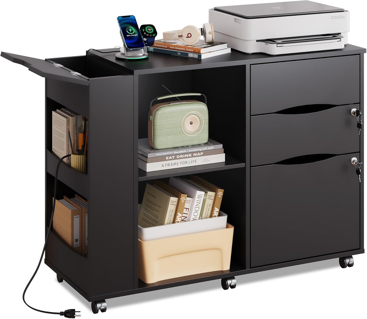 DEVAISE File Cabinet with Lock, Printer Stand with Charging Station Black | Lateral Mobile Filing Cabinets, Lock & Open Storage Shelves