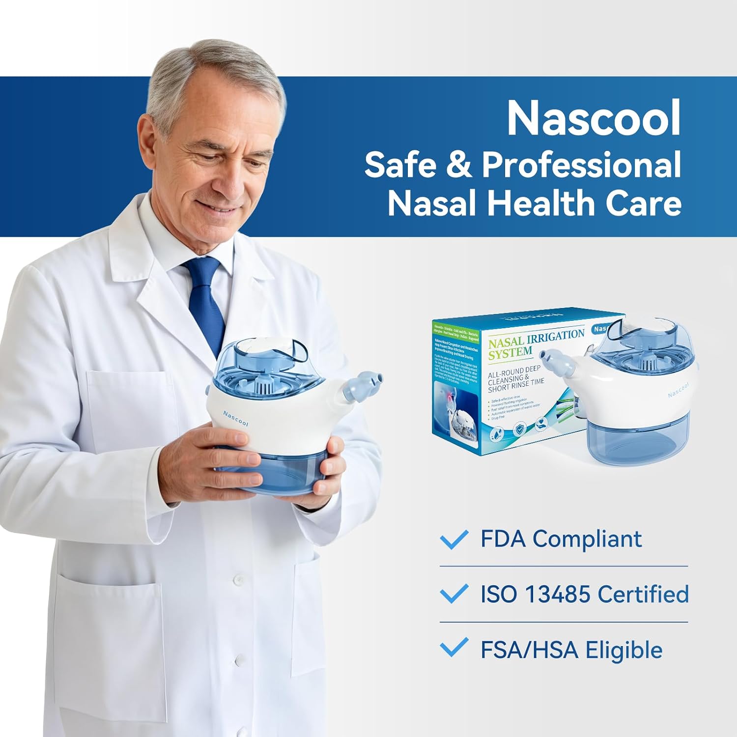 Nascool Electric Nasal Irrigation System with 50 Salt Packets Sinus Rinse | Auto Self-Cleaning, Pressure Relief & Waste Water Collection