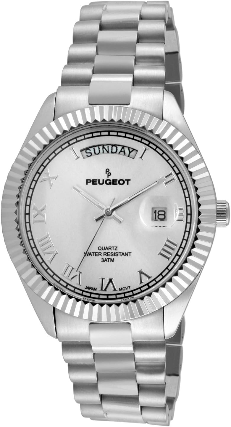 Peugeot Men's Stainless Steel Big Face Luxury Watch with Day Date Windows, Roman Numerals & Coin Edge Fluted Bezel Watch