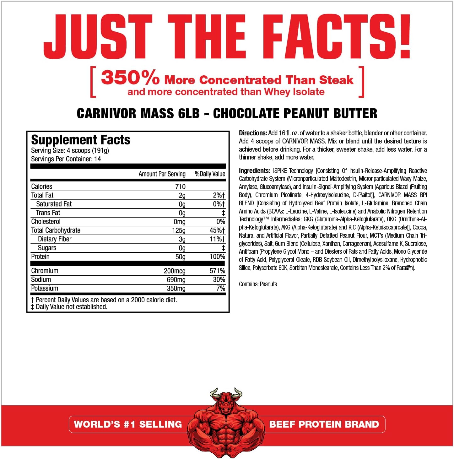 MuscleMeds CARNIVOR Mass Gainer Beef Protein Isolate Shake, 50 Grams Protein, 125 Grams Carbs, 0 Fat, 0 Sugar, Lactose Free, Halal Certified, Chocolate Peanut Butter, 6 Pound