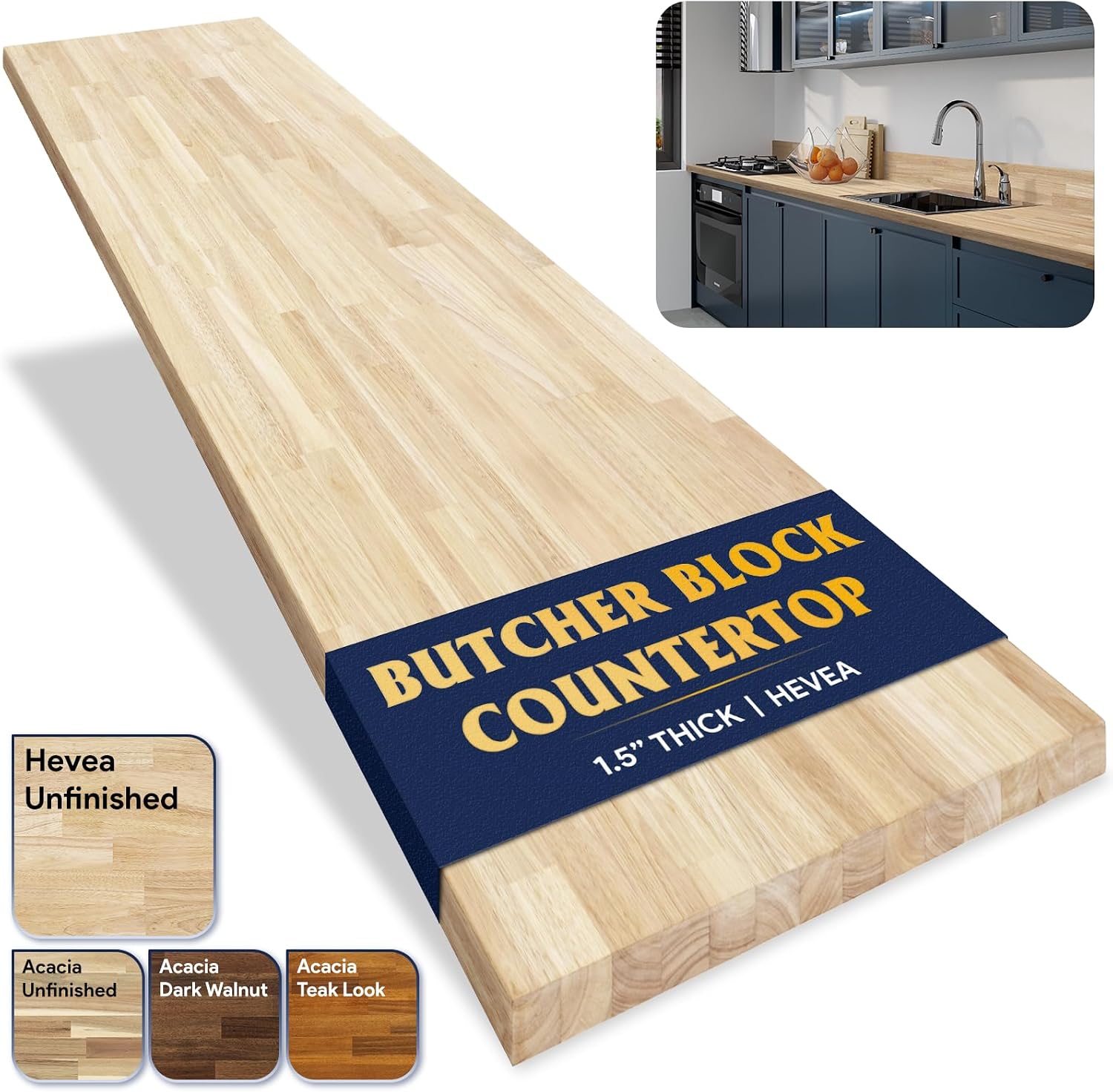Howizz Butcher Block Countertop 48 x 25 x 1.5 - Hevea Unfinished Solid Wood Table Top, Wood Countertop for DIY Desk, Table, Workbench, Kitchen Island.
