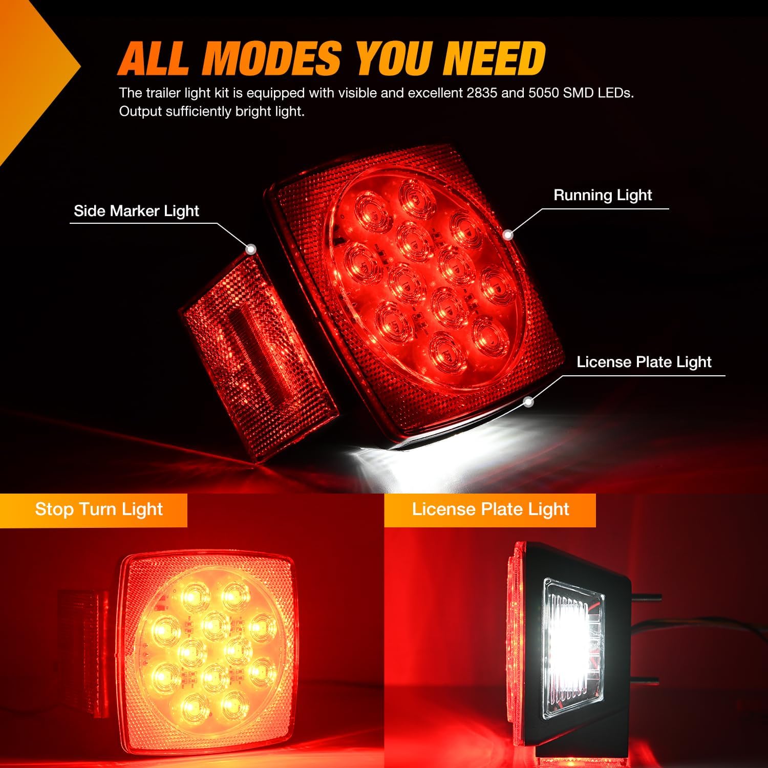 Nilight Square Submersible LED Trailer Light Kit,IP68 Waterproof 2PCS