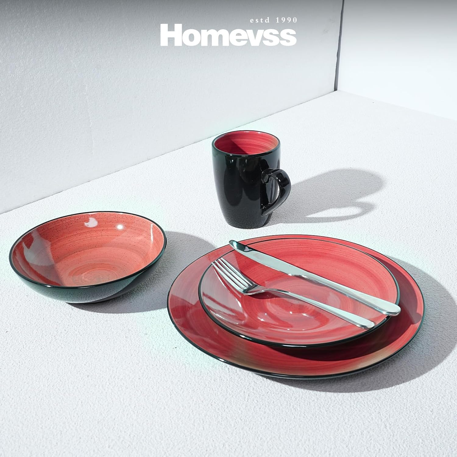 HomeVss, Sonoma Stoneware Dinnerware Set, Outside Black + Inside Hand Painting Color (16pc Set, Grey)