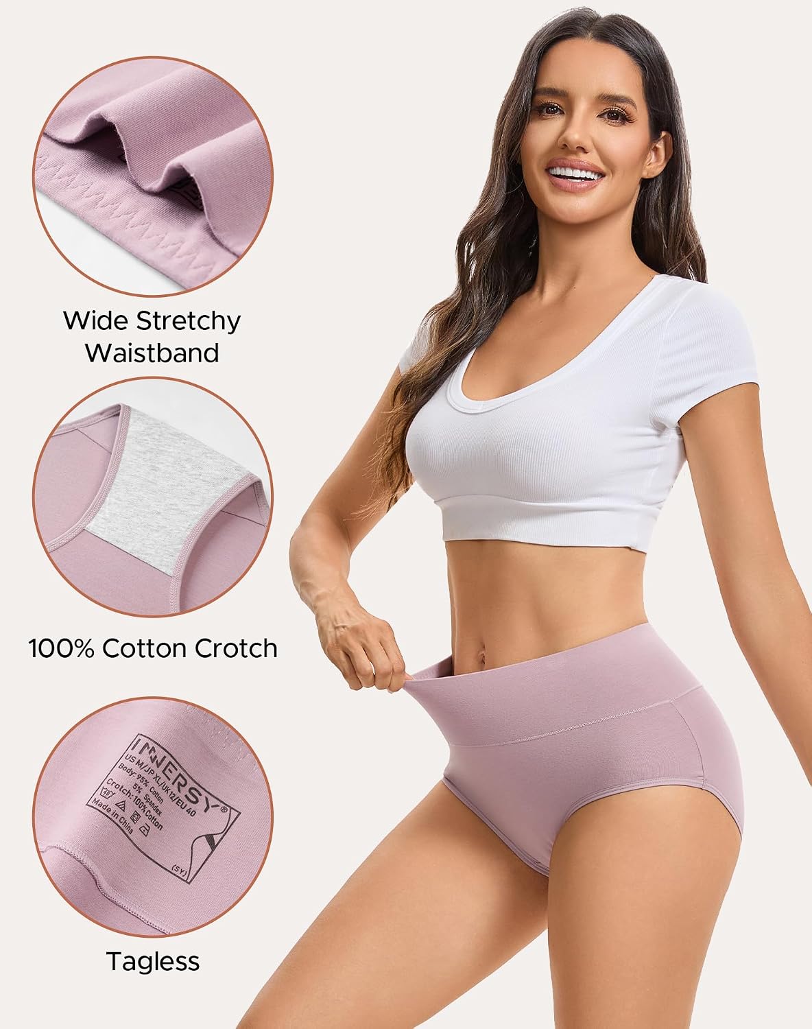 INNERSY Women's High Waisted Underwear Cotton Panties Regular & Plus Size 5-Pack