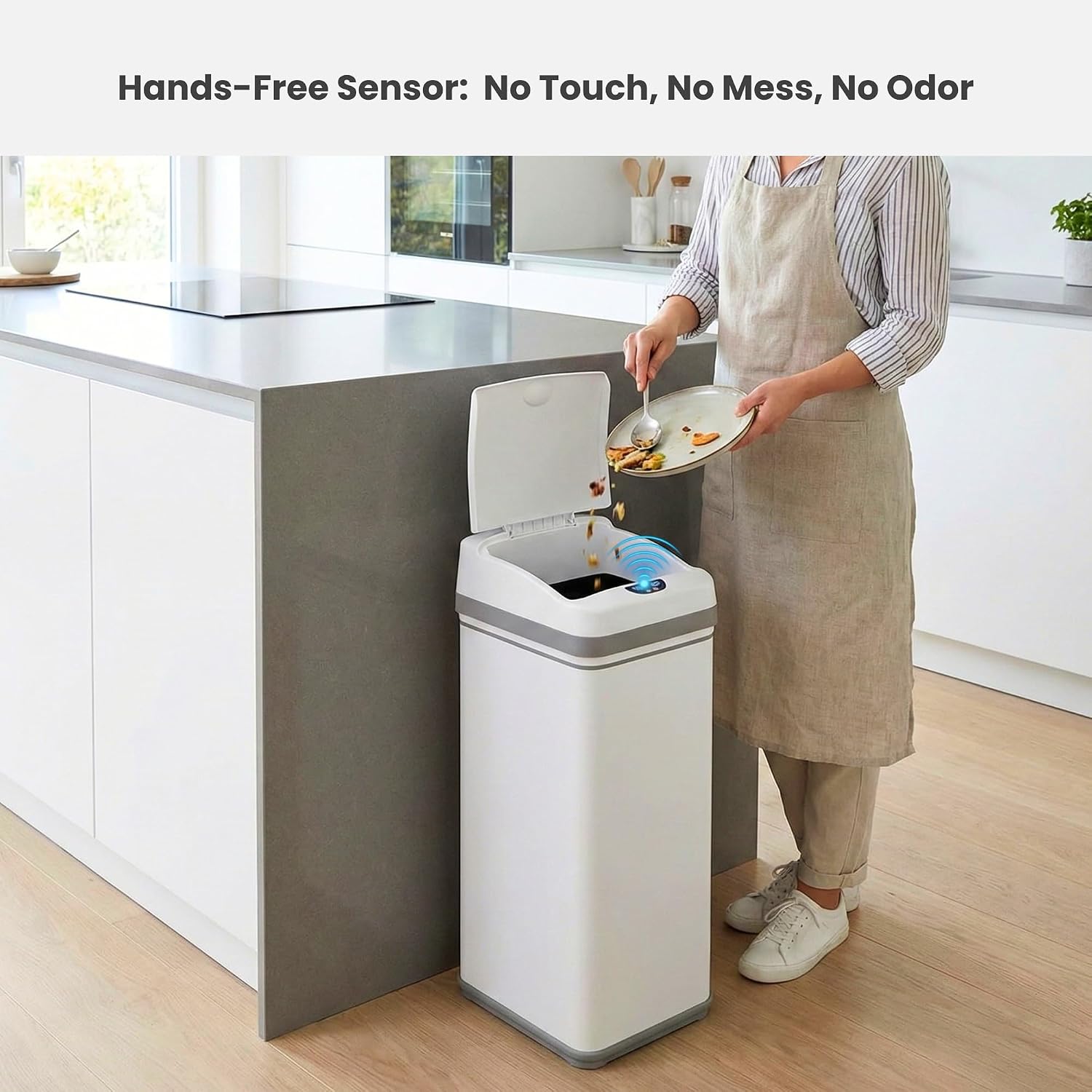 iTouchless 50 Liter / 13 Gallon Kitchen Trash Can with Lid & Deodorizer – Motion Sensor Semi-Round Stainless Steel Garbage Bin for Home, Office, or Garage – Slim, Wide Opening Large Capacity Design