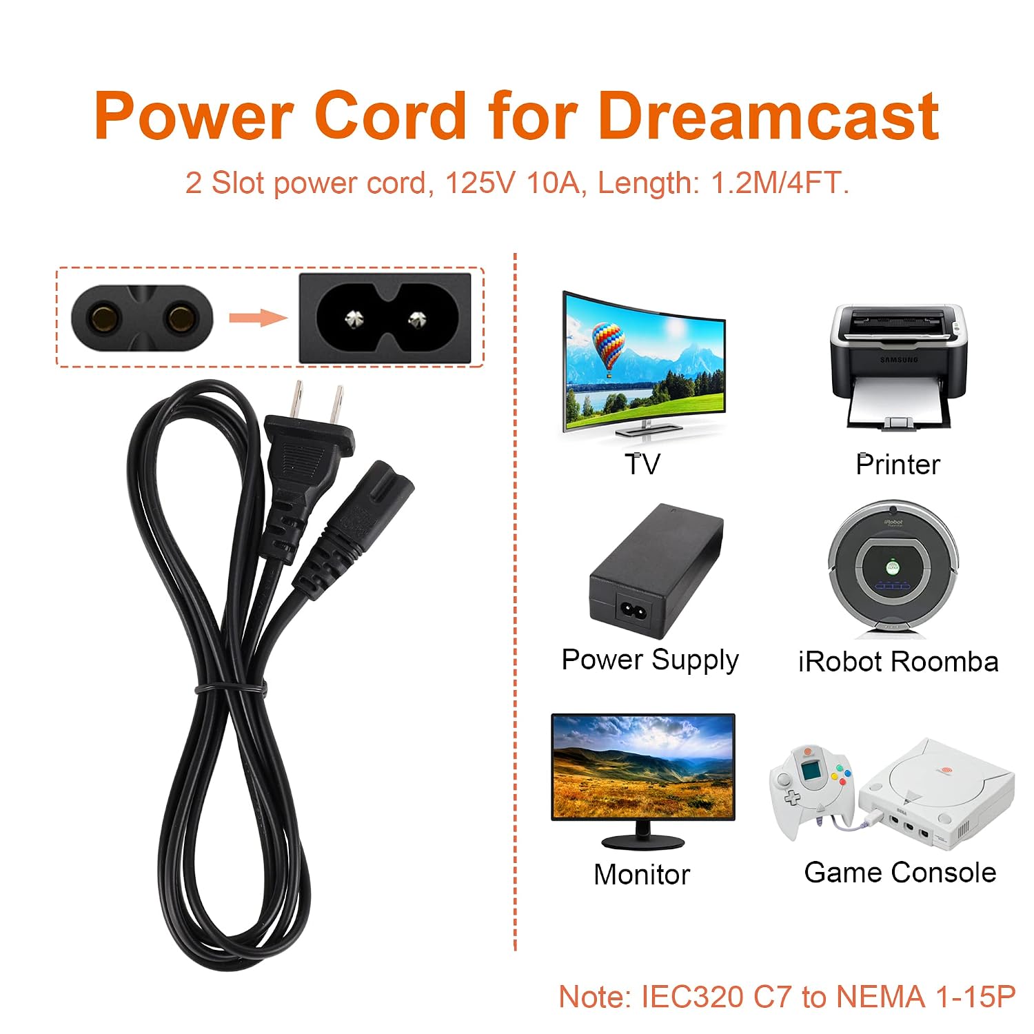 Power Cord and AV Cable for Dreamcast, 2 Prong Power Supply & Audio Video RCA AV Cable Compatible with Sega Dreamcast DC Console