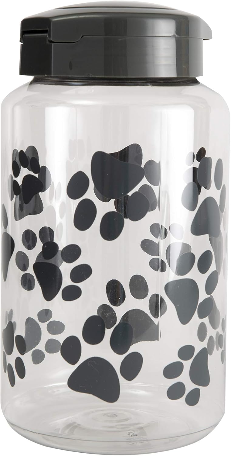 Lixit® Dog Treat Plastic Jar - Airtight Food and Treat Storage Jars for Dogs, Cats, Small Animals and Birds - Made in USA (Paw Prints - Gray, 64 Ounce)