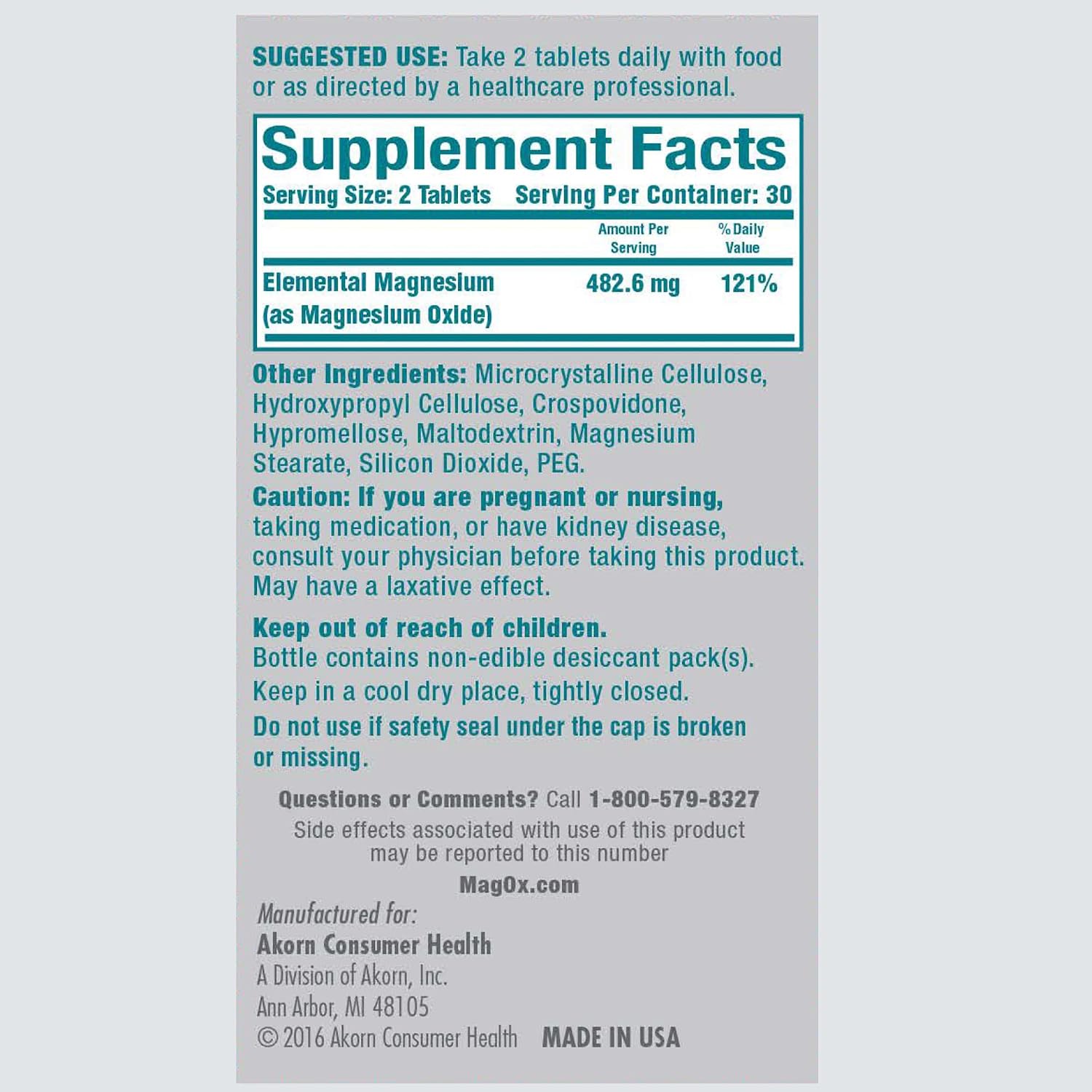 Mag-Ox Magnesium Supplement, Pharmaceutical Grade Magnesium Oxide 483mg, Most Concentrated Form of Magnesium, 120 Tablets