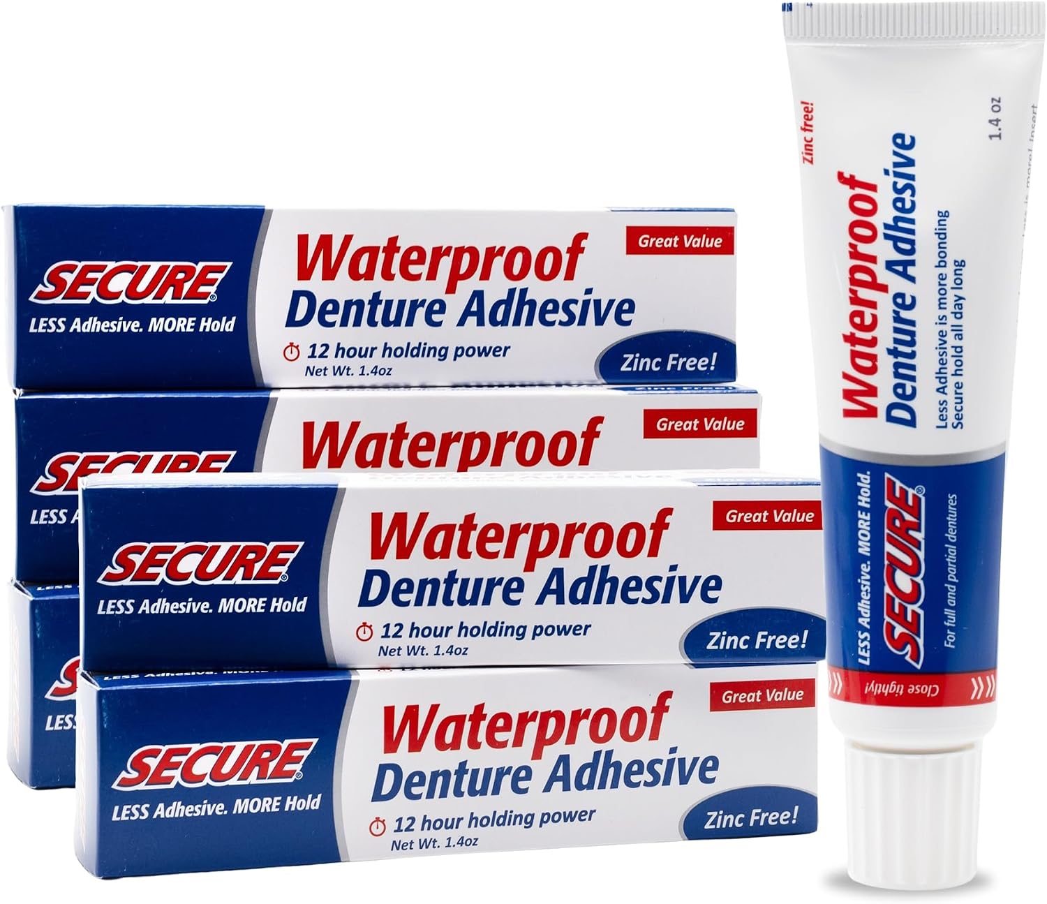 Secure Denture Adhesive Cream, Zinc Free Denture Glue, 1.4 oz | Waterproof Seal - Food Grade Ingredients - Less Adhesive, More Hold - Tube Lasts Up to 8 Weeks