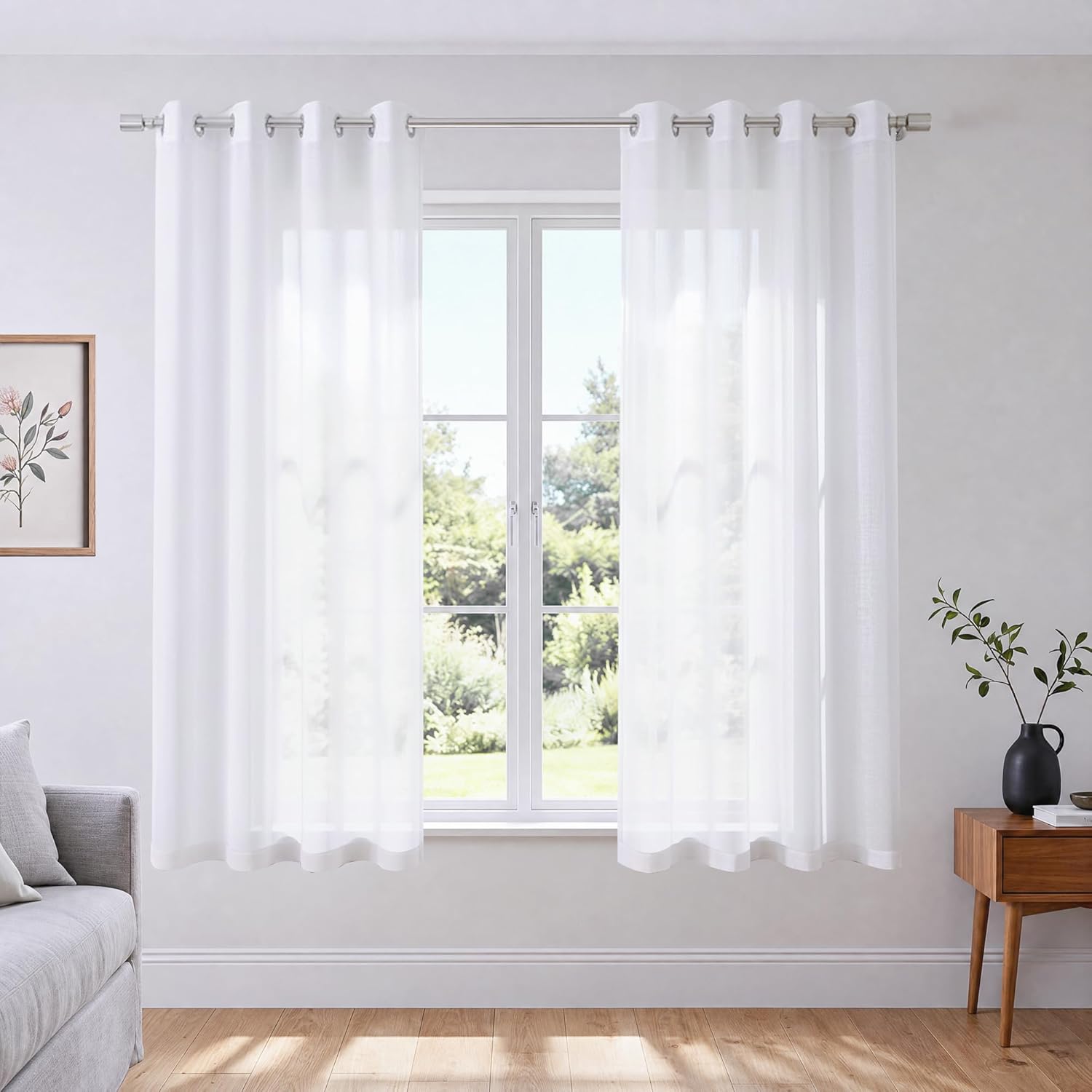 KOUFALL White Sheer Curtains 72 Inches Long for Bedroom Set of 2 Panels Grommet Faux Linen Window Voile Semi Baisc Decorative Sheer Curtains for