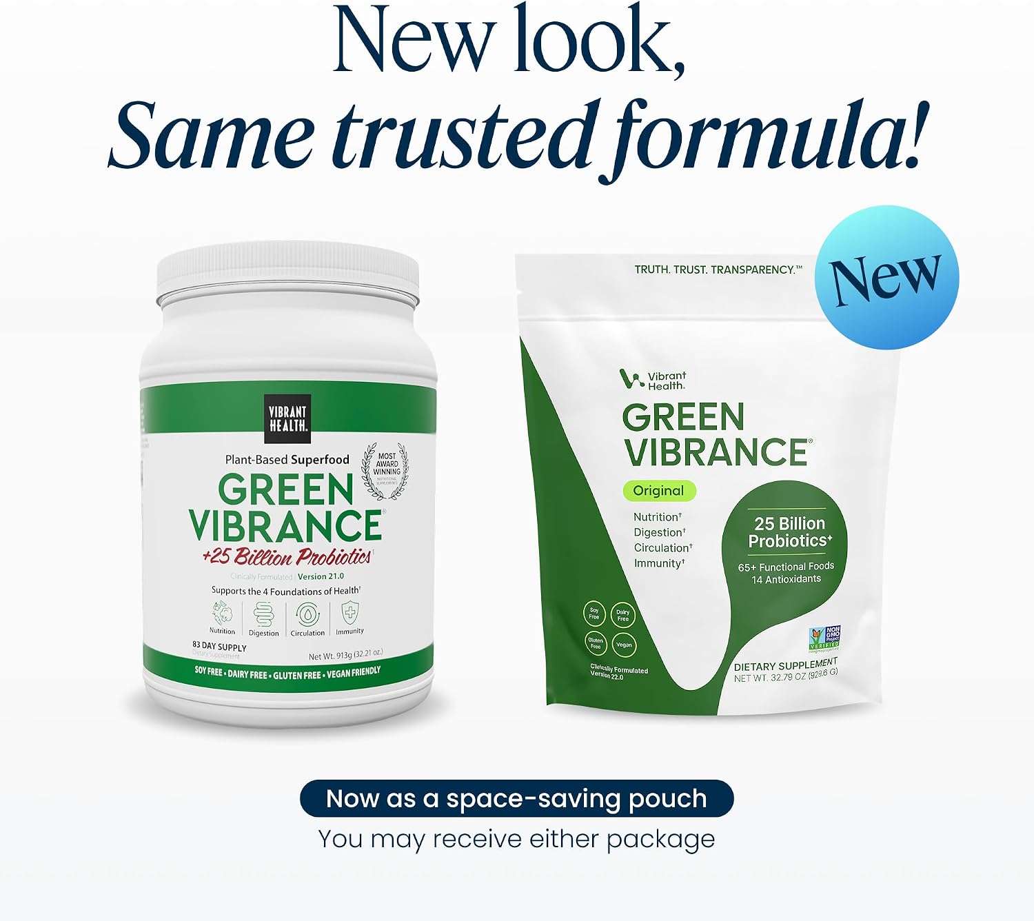 Vibrant Health, Green Vibrance, Includes 65 Plant-Based Superfoods, 25 Billion Probiotics, Fiber, Adaptogens & Enzymes, 30 Servings