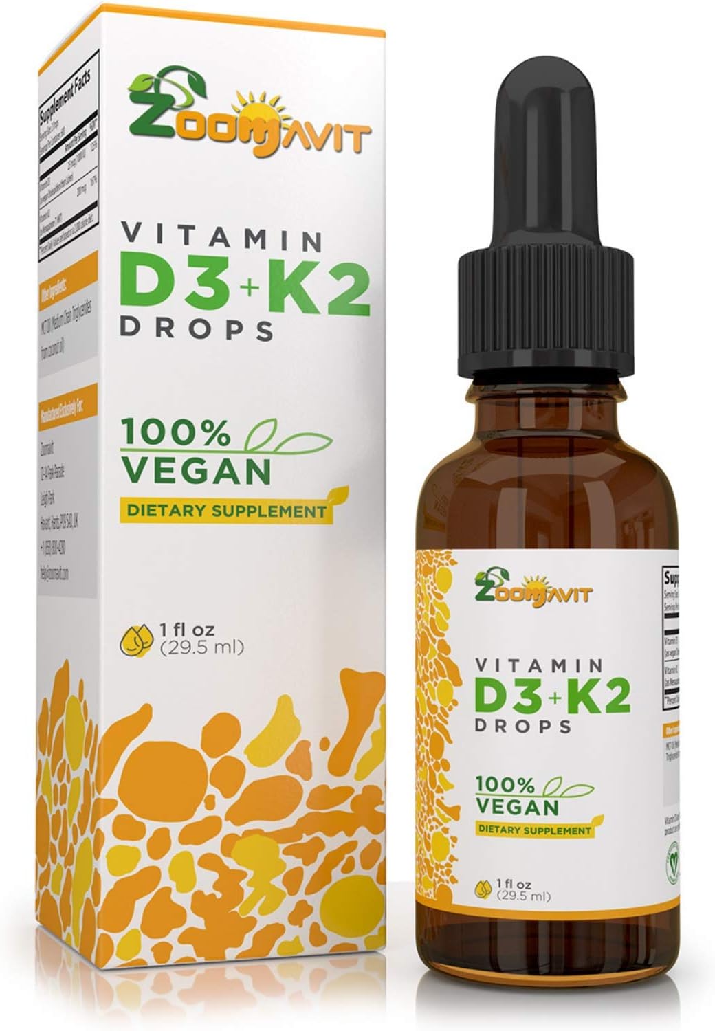 Vegan Liquid Drops Vitamin D3 K2 (MK7) - 100% Plant Based Liquid Vitamin D Enhanced with Coconut Oil for Max Absorption - 1 Serving = 1000 IU VIT D3