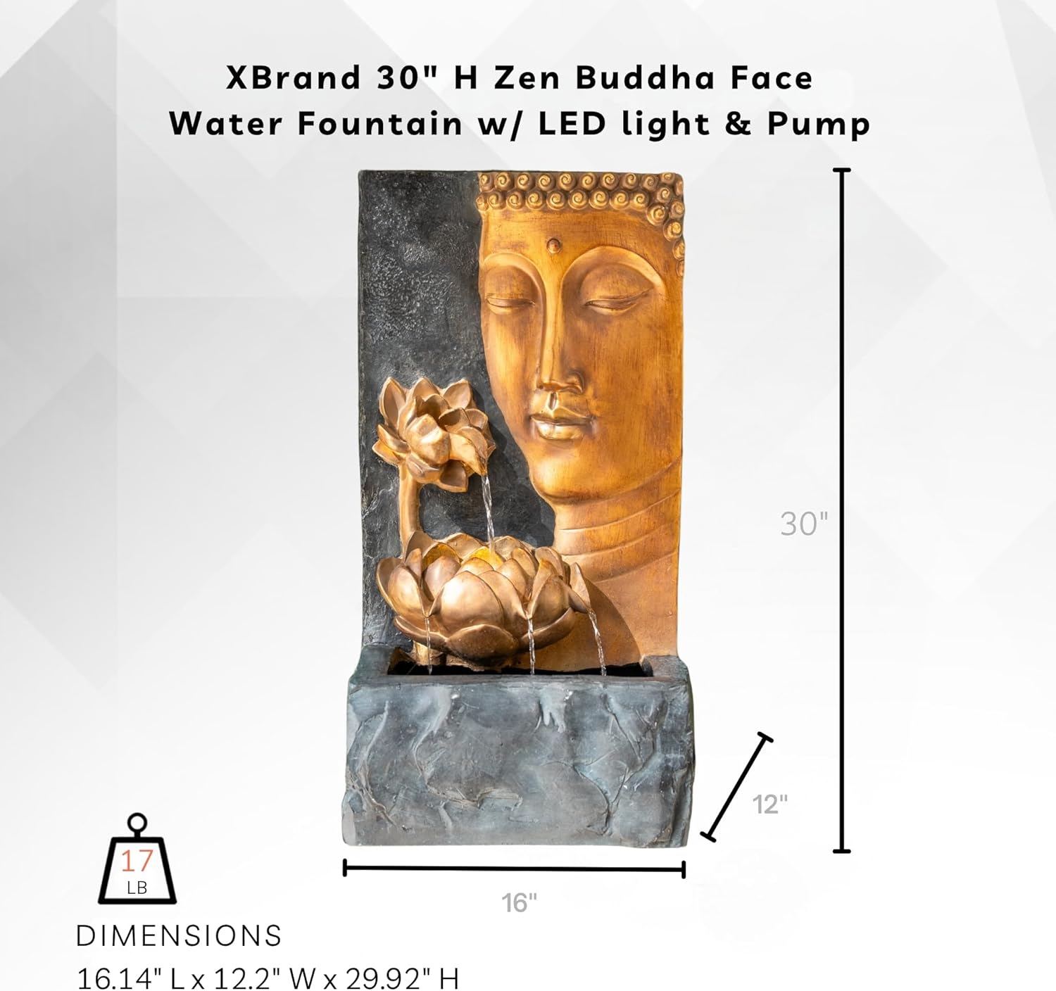 XBrand 30" H Zen Buddha Face Water Fountain w/LED Light & Pump, Indoor/Outdoor Freestanding, Relaxing Zen Décor