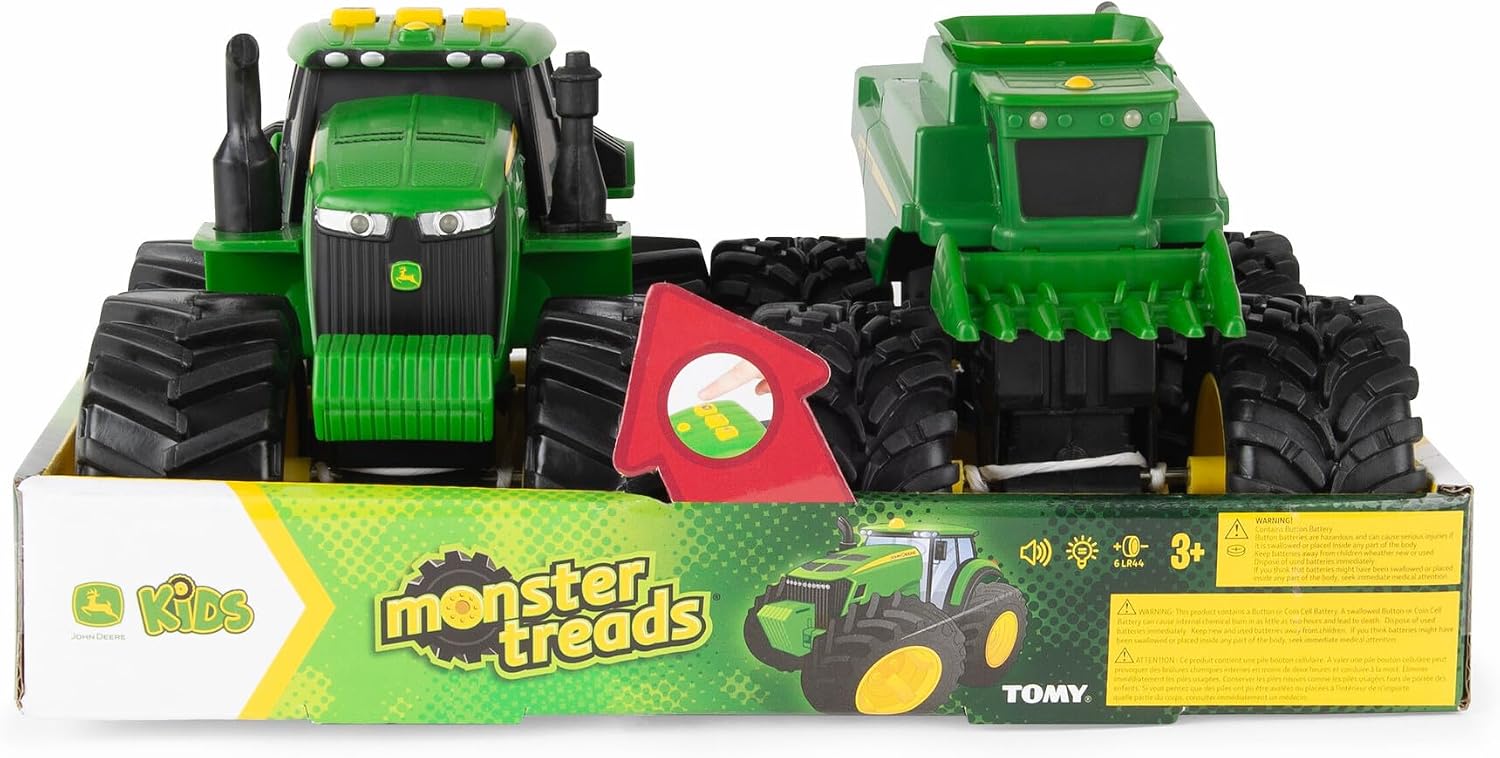 TOMY Monster Treads Monster Truck Toys - John Deere Tractor and Combine 2-Pack with Lights and Sounds - John Deere Toys with Durable Bouncy Tires