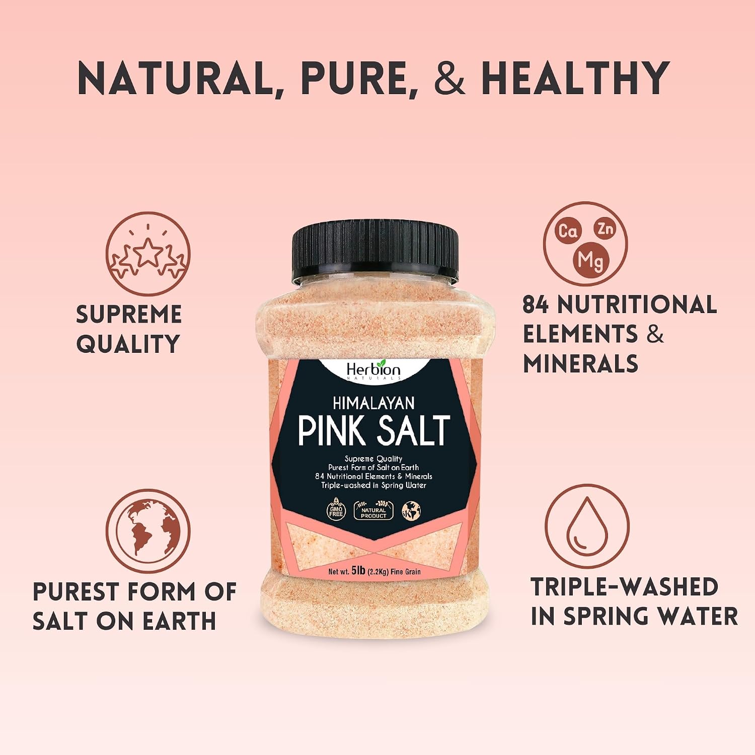 HERBION Naturals Himalayan Pink Salt Jar Fine Grain, GMO Free, Supreme Quality Chemical Free, Vegan, Kosher Certified, Fine Grain All Natural Salt