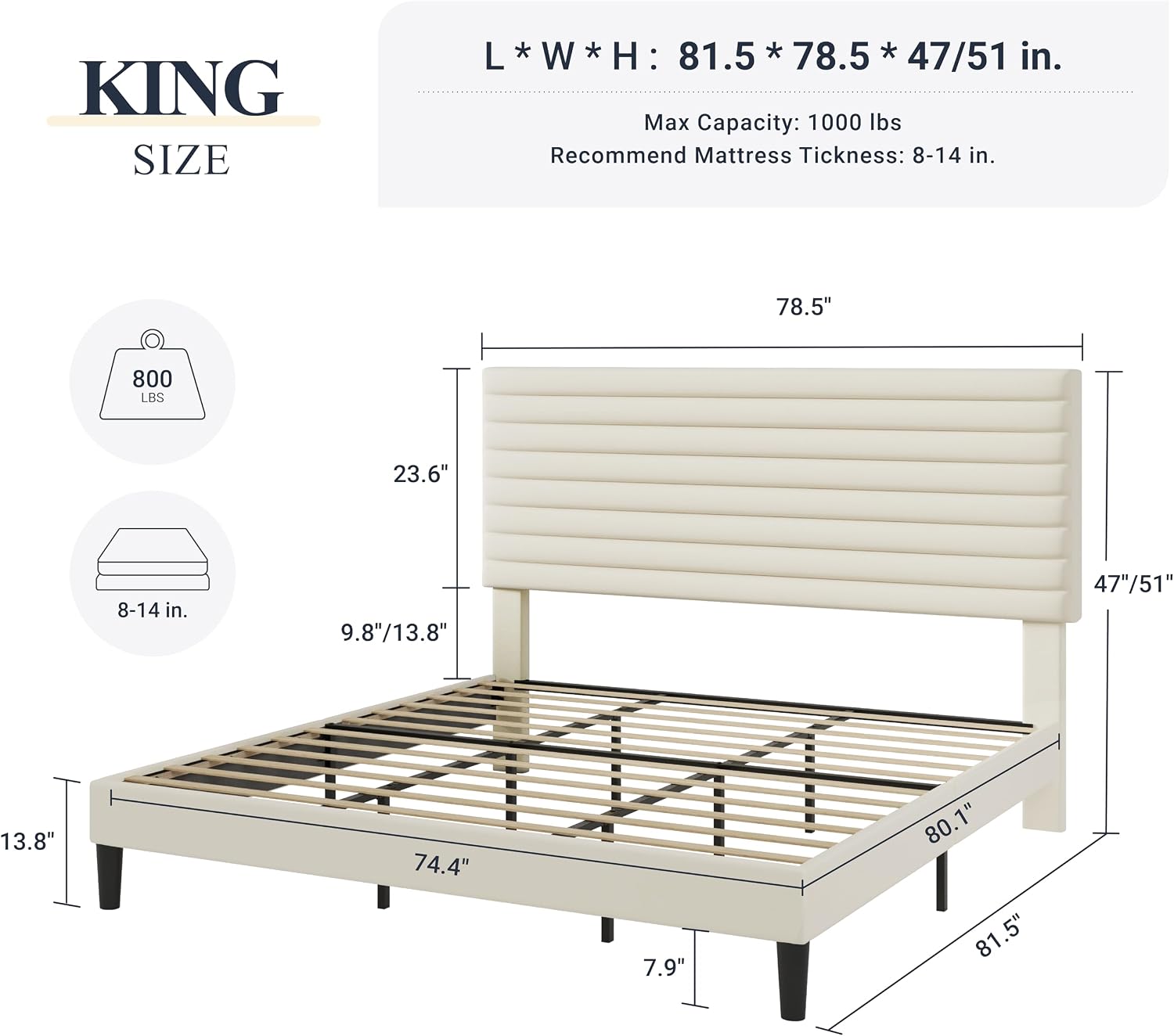Allewie Queen Bed Frame, Velvet Upholstered Platform Bed with Adjustable Headboard, Horizontal Channel Design, Wood Slat Support, No Box Spring Needed, Noise Free, Easy Assembly, White