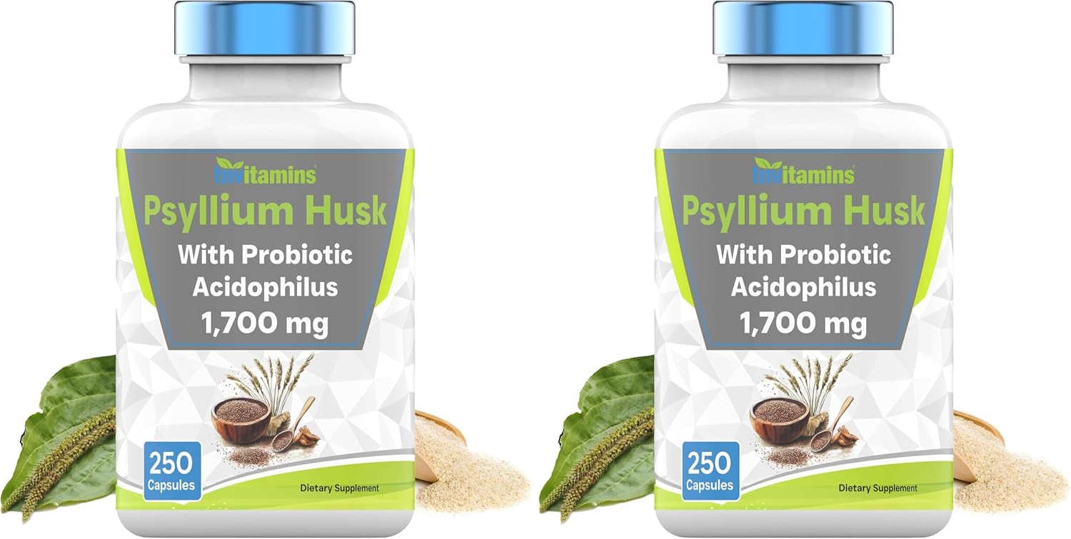tnvitamins Psyllium Husk Capsules | 1700 MG - 250 Capsules | with Probiotic Acidophilus | Extra Strength Soluble & Dietary Fiber Supplement | Supports Digestive Health