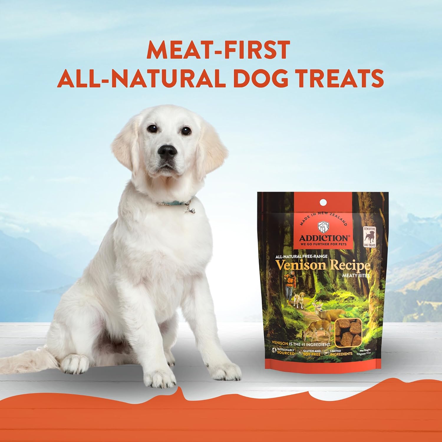 Addiction Venison Recipe Meaty Bites, All Natural Free Range Grain Free High Meat Dog Treats, 4 Oz.