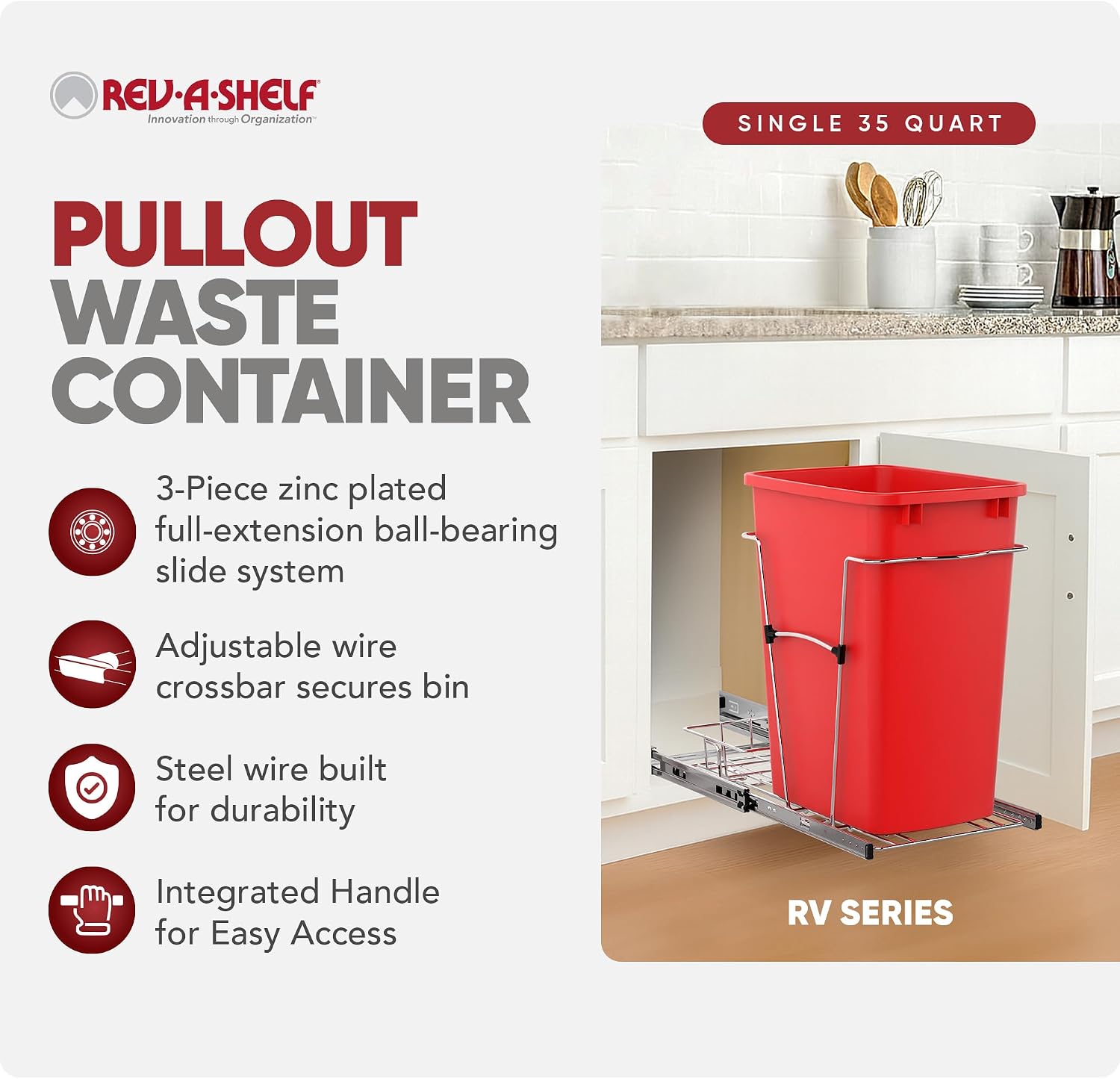 Rev-A-Shelf Pullout Trash Can for Kitchen Cabinets, Black Waste Bin, 35 Qt | Large Capacity Garbage/ Recycling Waste Container, Heavy Gauge Metal Wire Construction w/Full Extension Slides, RV-12KD-18C S