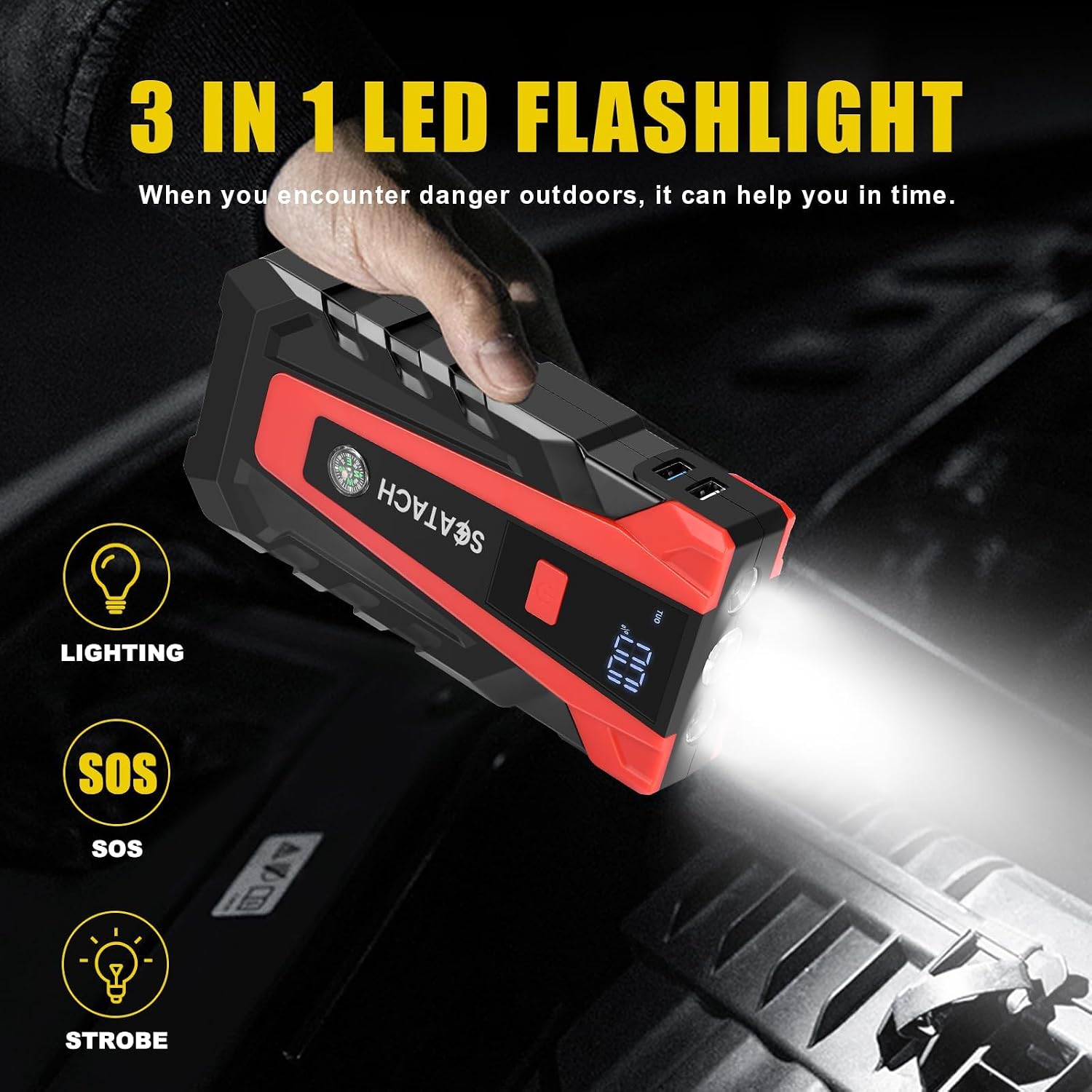 Scatach 6000A Car Battery Jump Starter,12V Portable Jump Starter Battery Pack (up to 9.0L Gasoline and 7.0L Diesel Engine), Jump Box with 3 Modes Flashlights, Jumper Cables, LED Display