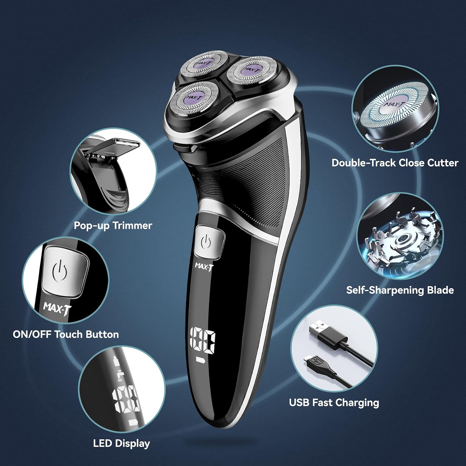 MAX-T Men's Electric Shaver - Corded and Cordless Rechargeable 3D Rotary Shaver Razor for Men with Pop-up Sideburn Trimmer Wet and Dry Painless 100-240V Black (Metal Black)