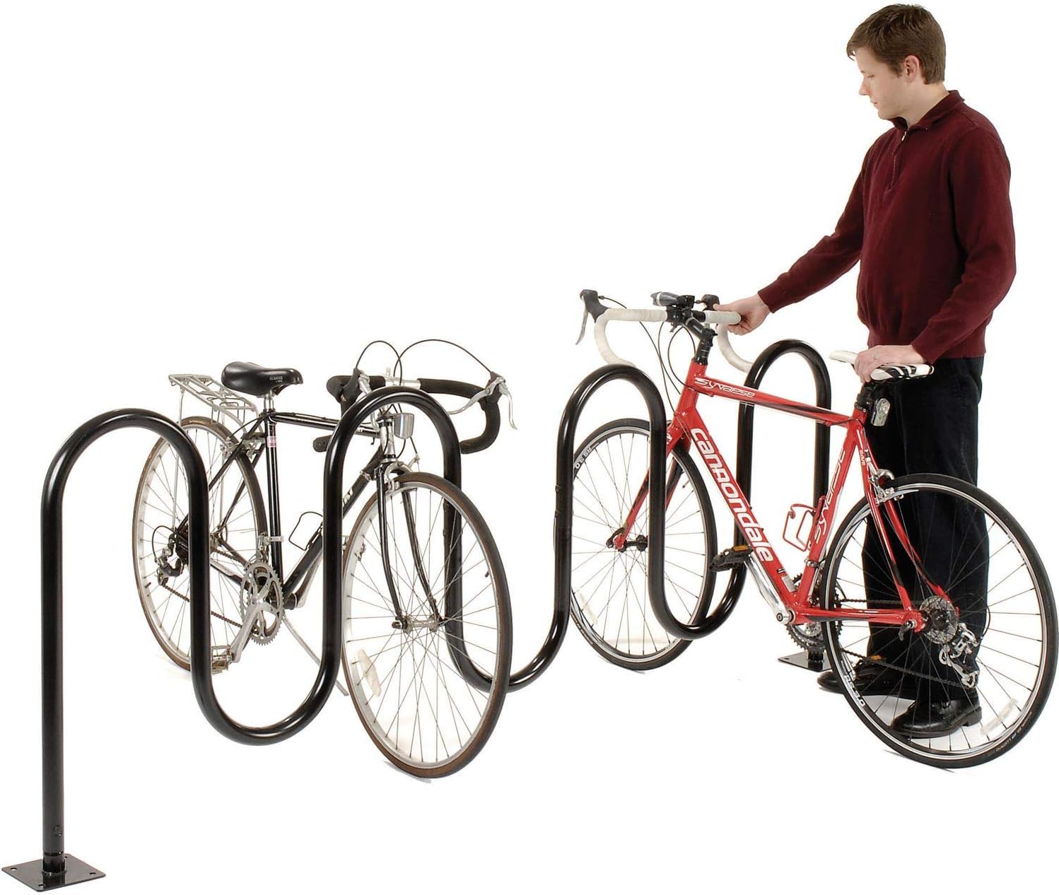 Global Industrial 94" L Wave Bike Rack, Fange Mount, 9-Bike Capacity, Black | Powder Coated Steel, Commercial Bike Rack for Stores, Parks