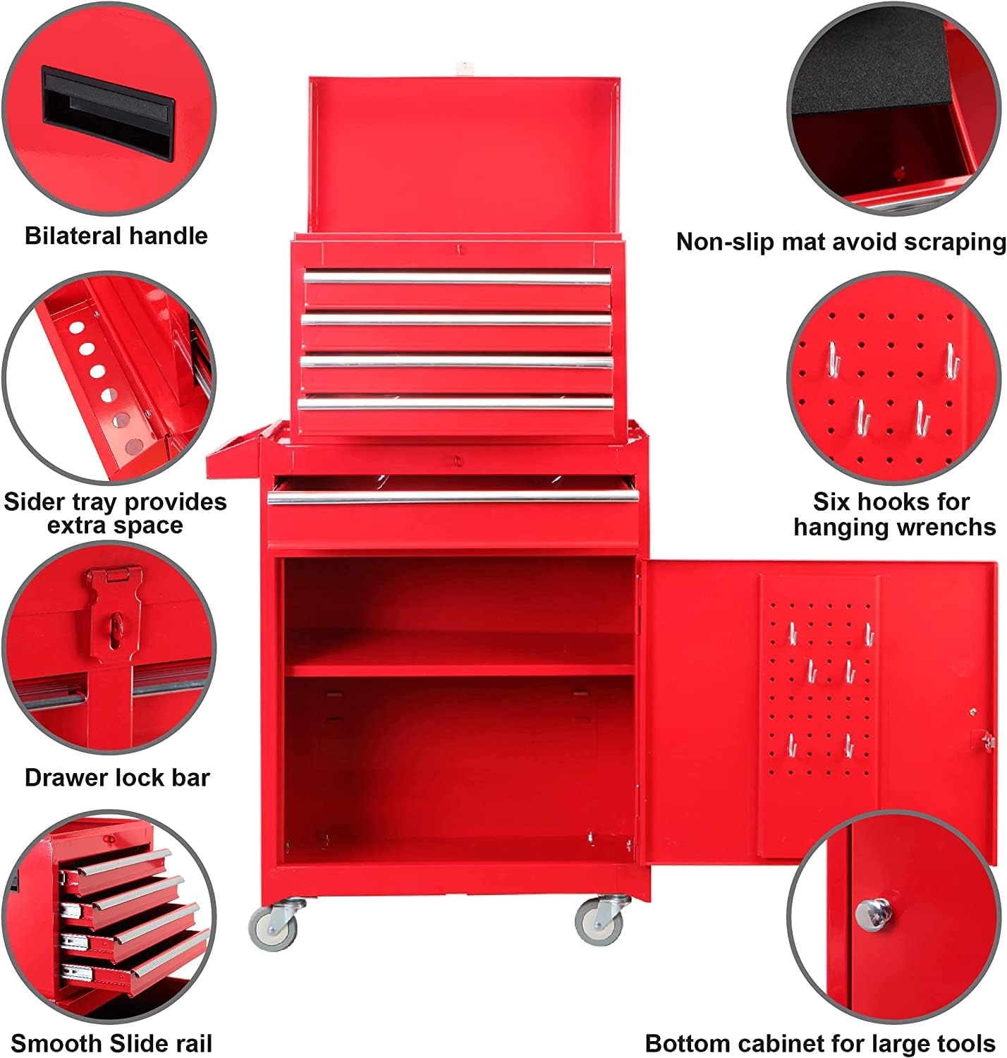 Road DAWG ATBT1204D-Red Torin Rolling Garage Workshop Tool Organizer: Detachable 4 Drawer Tool Chest with Large Storage Cabinet and Adjustable Shelf