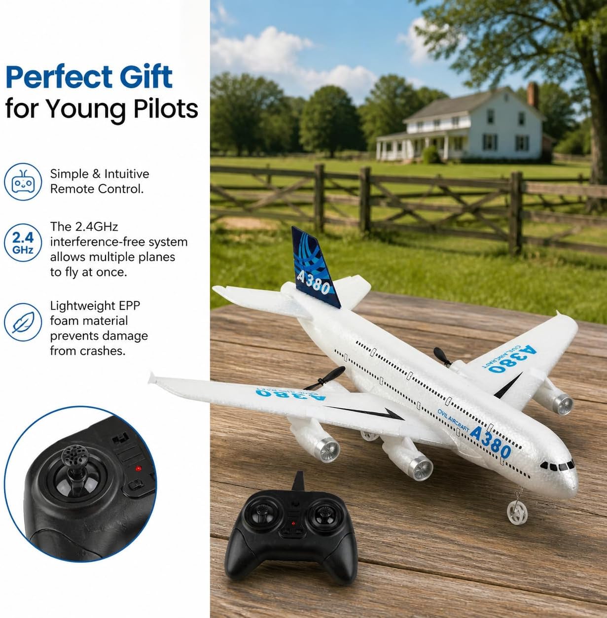 RC Airplane Airbus A380, Easy to Fly RC Plane for Kids Beginner & Adults
