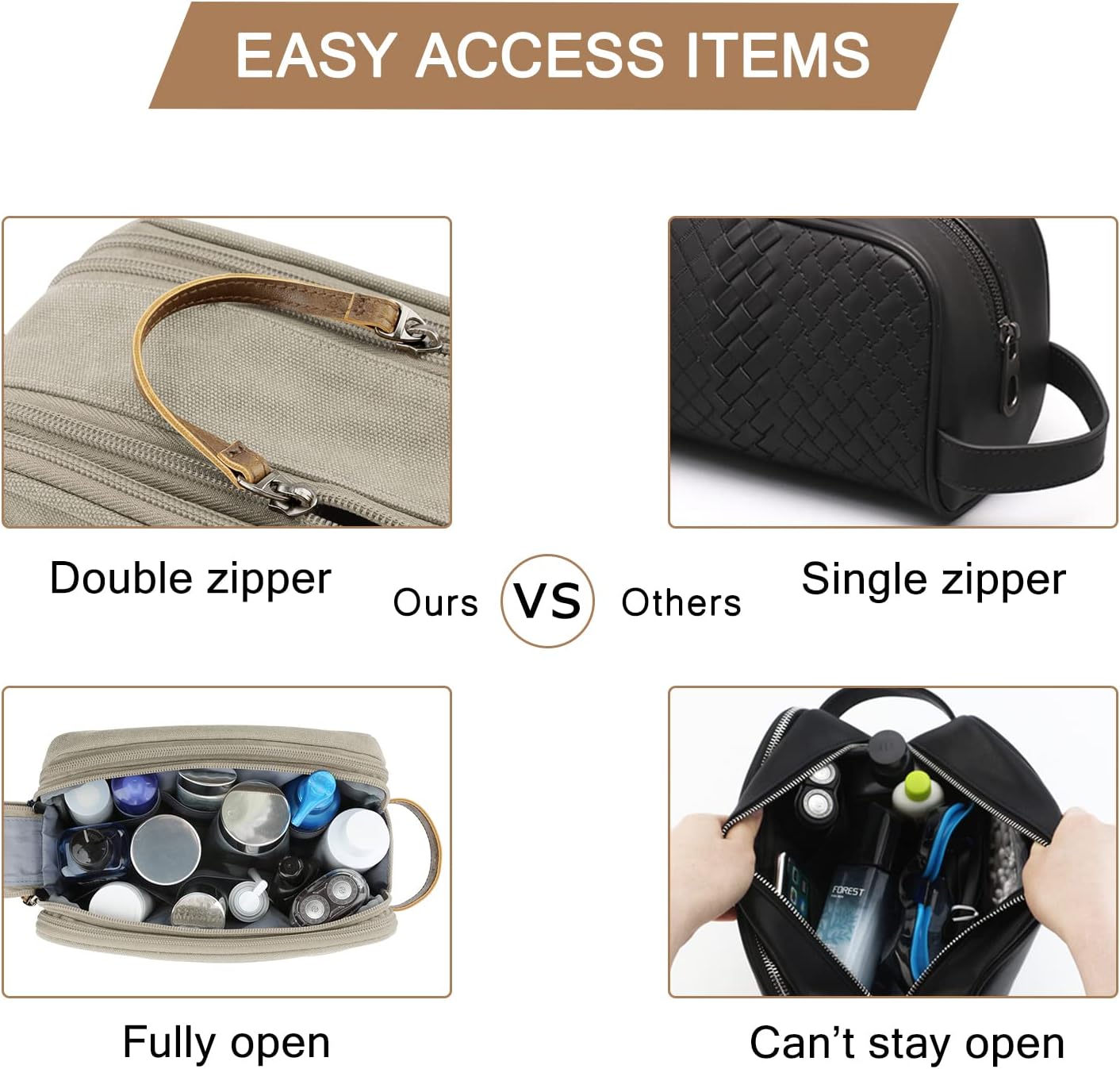 BAGSMART Toiletry Bag for Men, Canvas Travel Toiletry Organizer Dopp Kit Water-resistant Shaving Bag for Toiletries Accessories,Grey-Medium