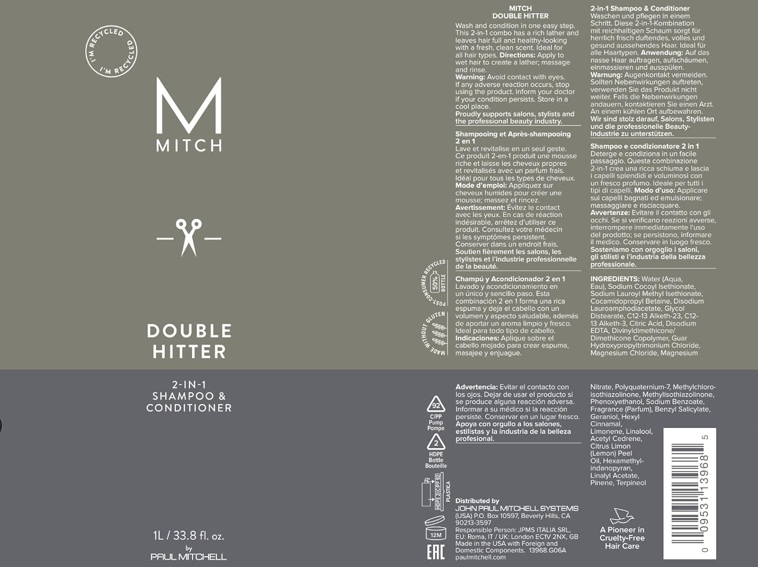 MITCH by Paul Mitchell Double Hitter 2-in-1 Shampoo & Conditioner for Men, For All Hair Types